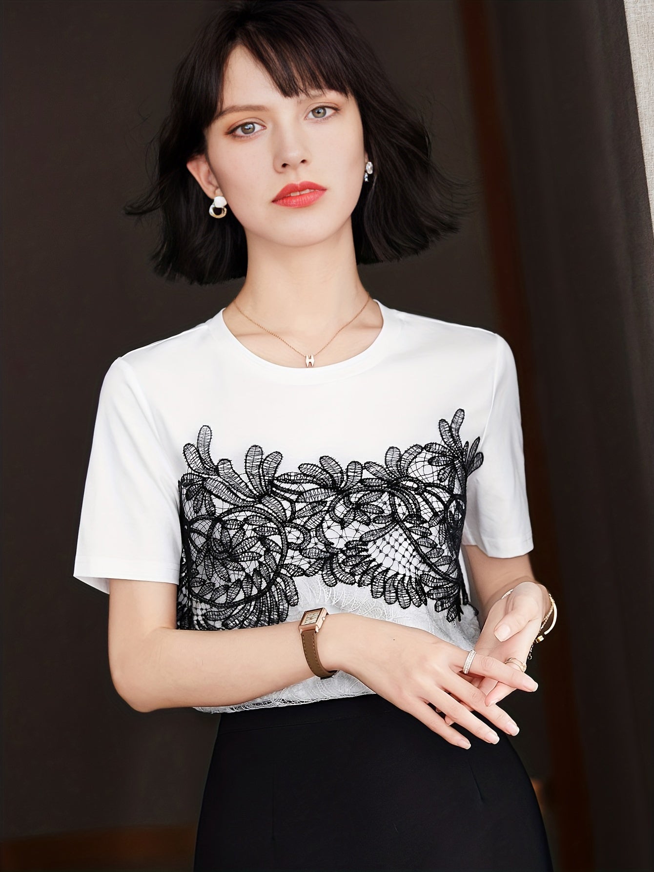 gbolsos Lace Contrast Crew Neck T-Shirt, Casual Short Sleeve T-Shirt For Spring & Summer, Women's Clothing