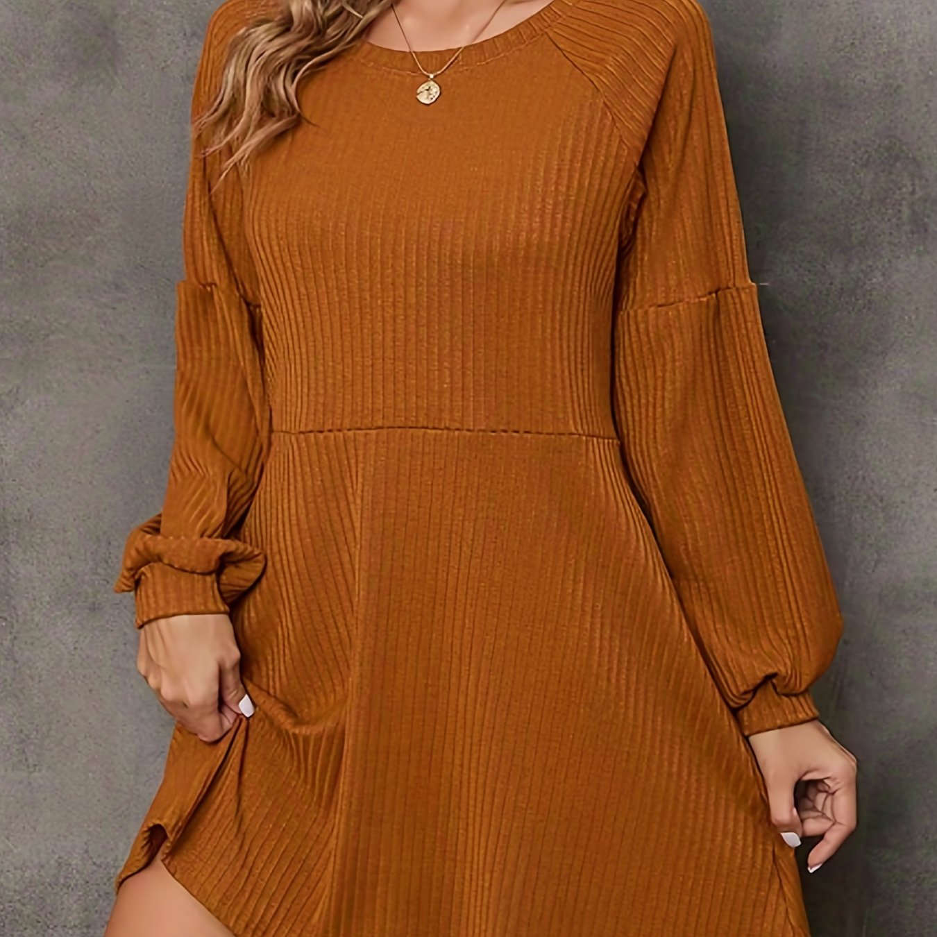 Solid Crew Neck Dress, Elegant Long Sleeve Dress For Fall & Winter, Women's Clothing