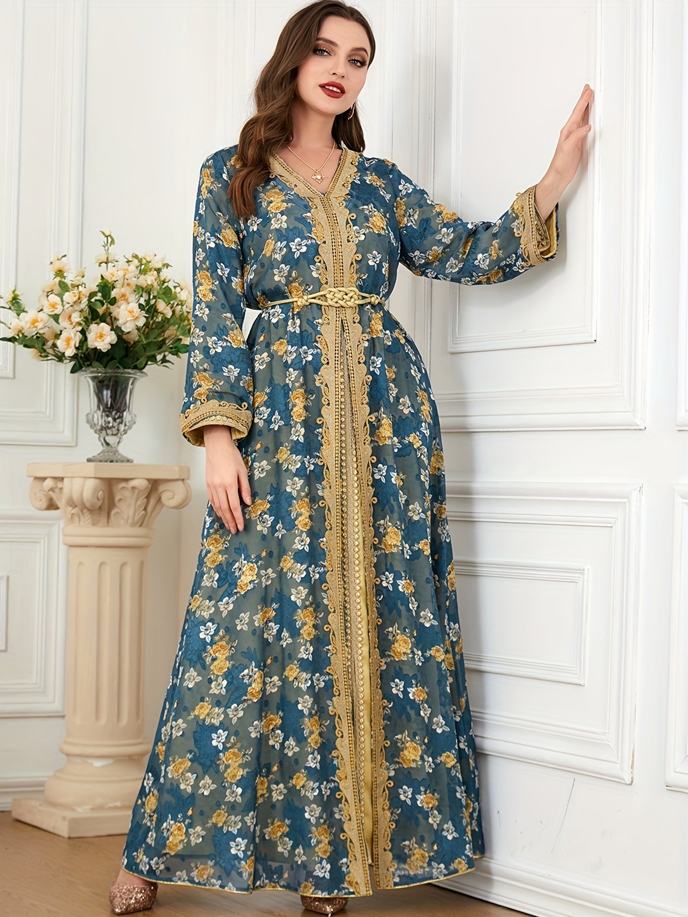 gbolsos Floral Print Contrast Collar Kaftan Dress, Elegant V Neck Long Sleeve Maxi Dress, Women's Clothing