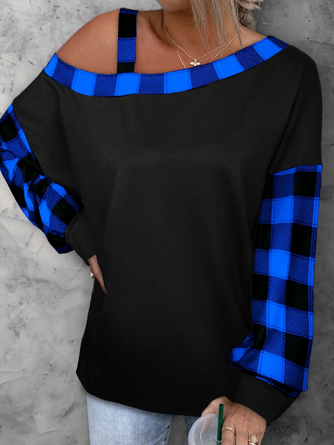 Plus Size Casual Top, Women's Plus Colorblock Gingham Print One Shoulder Long Sleeve Top