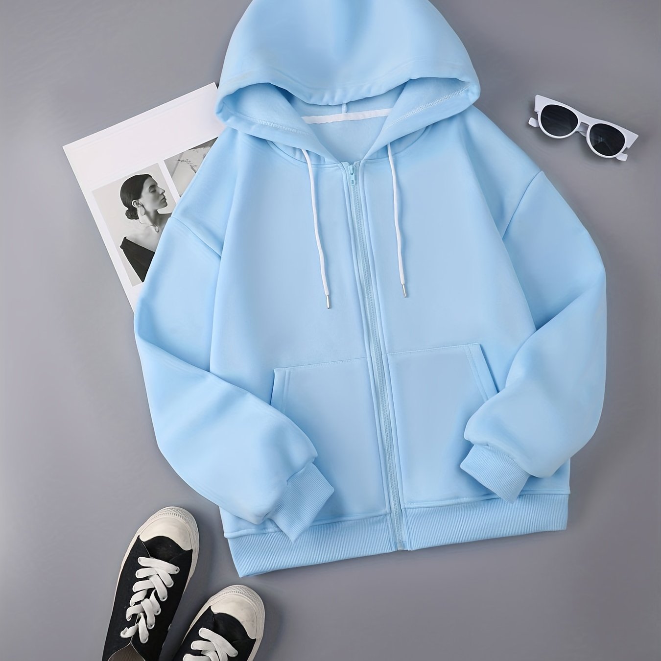 Zip Up Drawstring Hoodie, Pocket Casual Hooded Sweatshirt For Winter & Fall, Women's Clothing