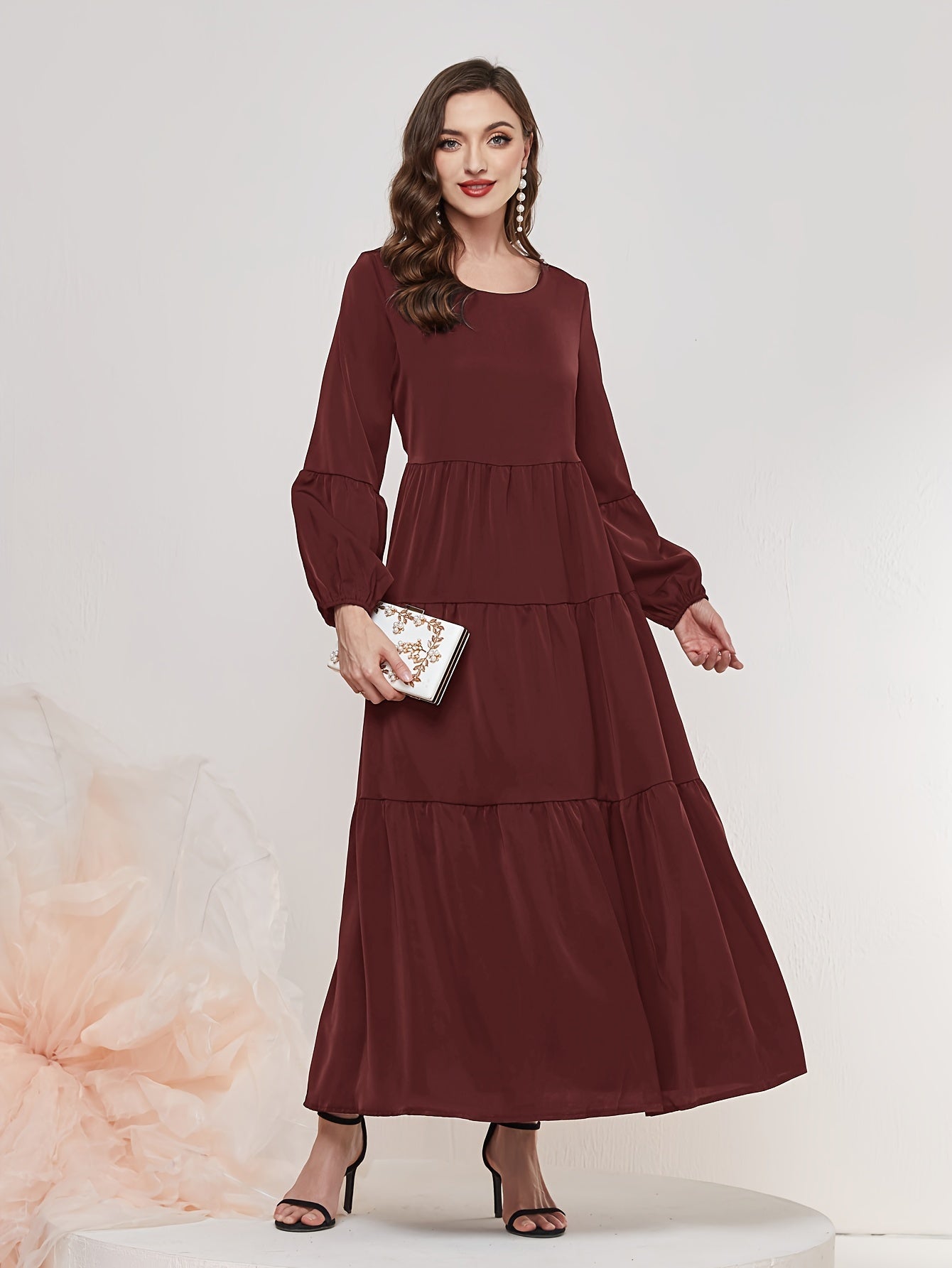 Ruched Lantern Sleeve Dress, Casual Crew Neck Solid Maxi Dress, Women's Clothing