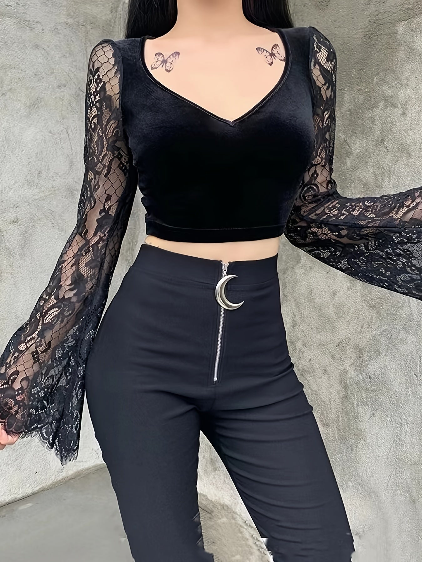 kkboxly Floral Lace Stitching V Neck T-Shirt, Casual Long Sleeve Top For Spring & Fall, Women's Clothing