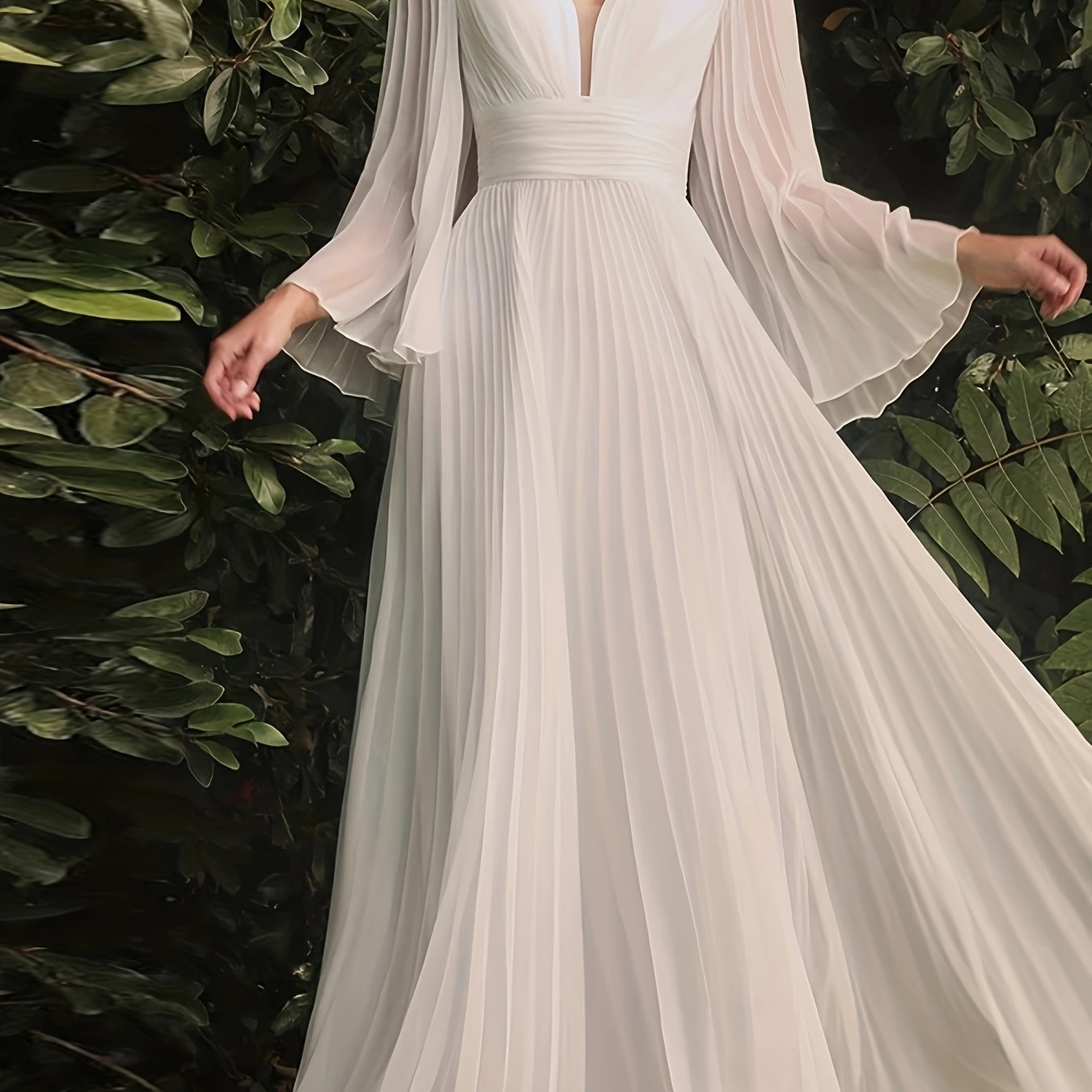 gbolsos Plus Size Solid Pleated Bridesmaid Dress, Elegant V-neck Flare Sleeve Maxi Dress For Wedding Party, Women's Plus Size Clothing
