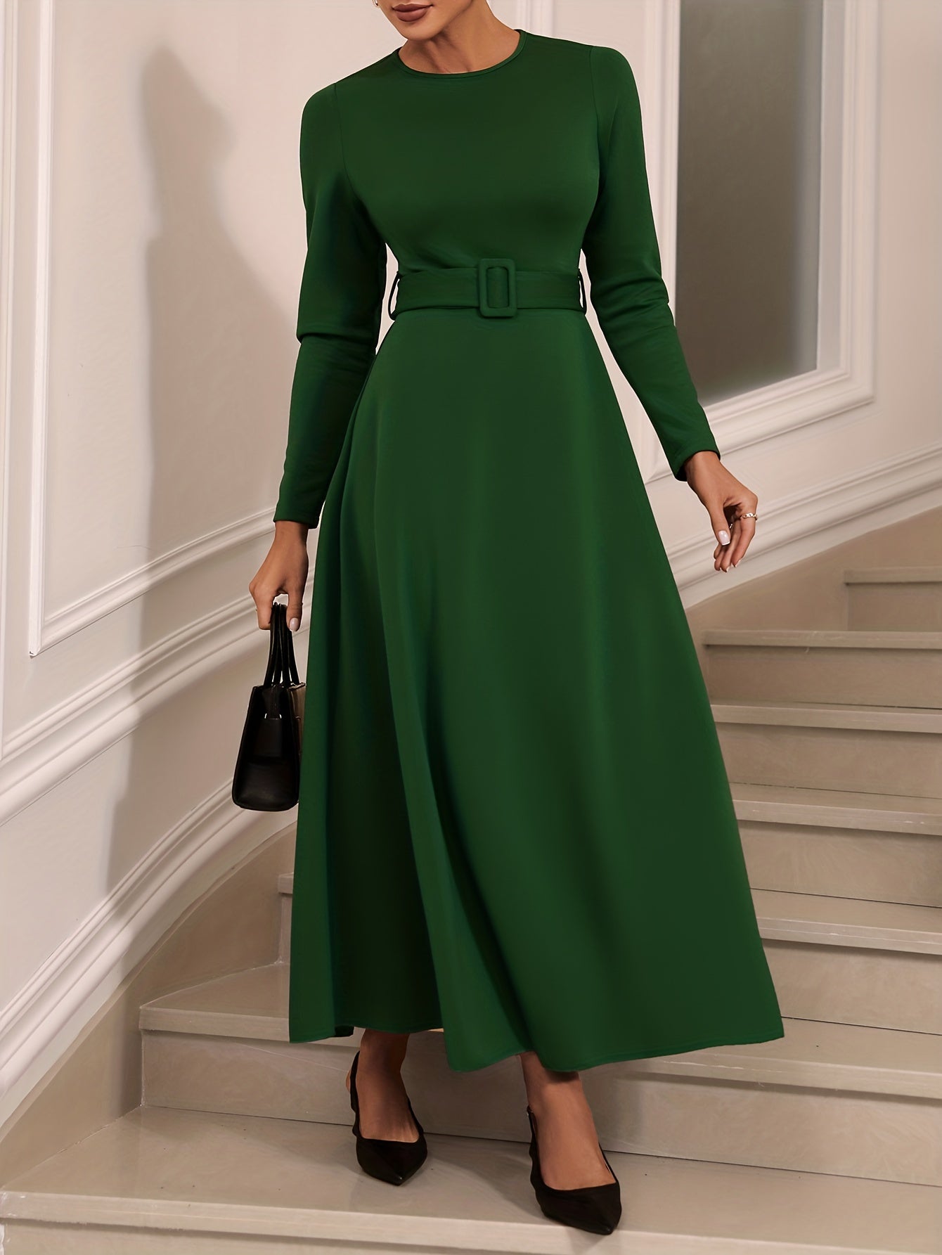 gbolsos Solid Long Sleeve Belt Dress, Elegant Crew Neck Dress For Spring & Fall, Women's Clothing