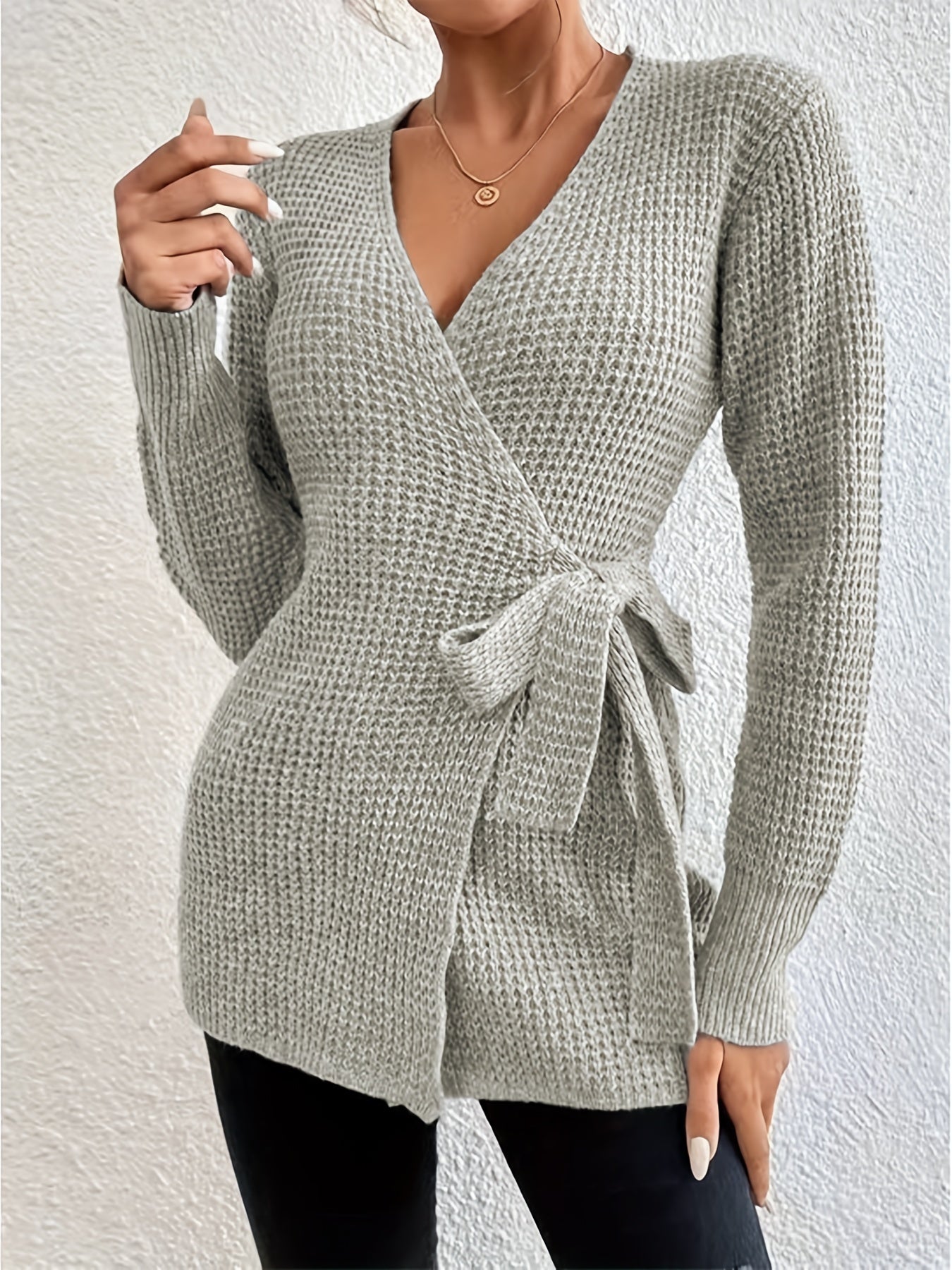 gbolsos Plus Size Casual Sweater, Women's Plus Solid Long Sleeve Surplice Neck Knot Wrap Jumper