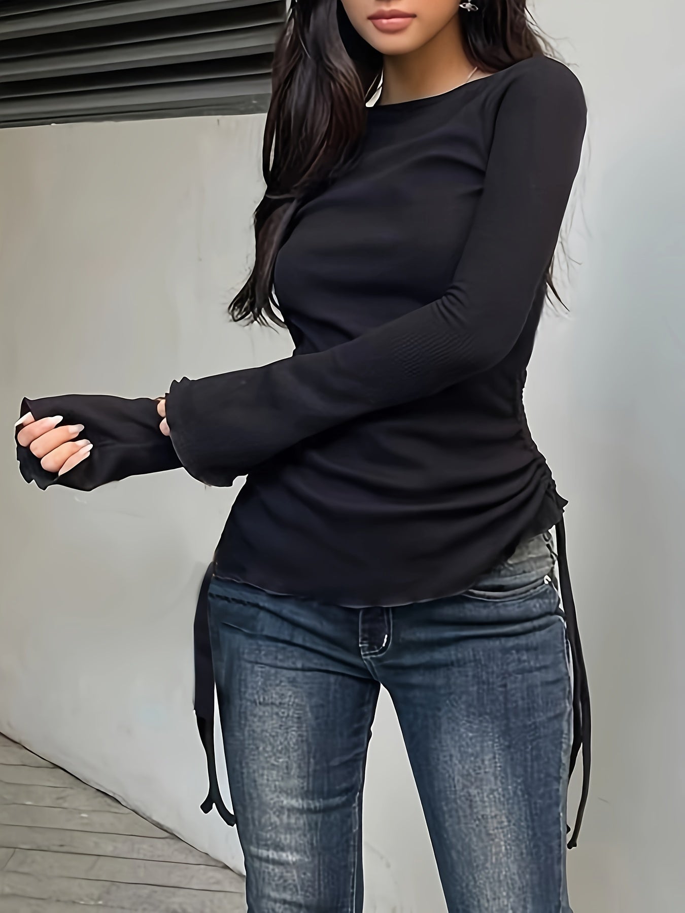 gbolsos Drawstring Crew Neck T-Shirt, Y2K Long Sleeve Lettuce Trim Top For Spring & Fall, Women's Clothing