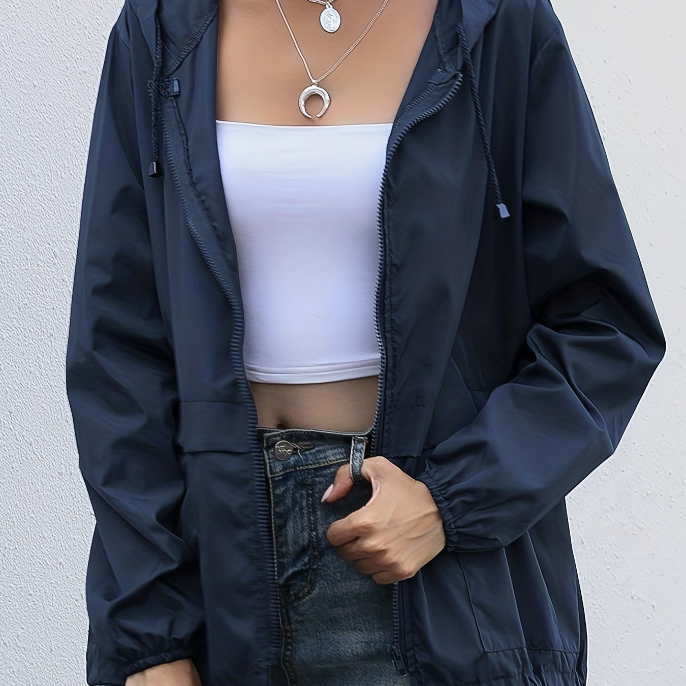 gbolsos Drawstring Solid Hooded Jacket, Casual Long Sleeve Versatile Outerwear, Women's Clothing