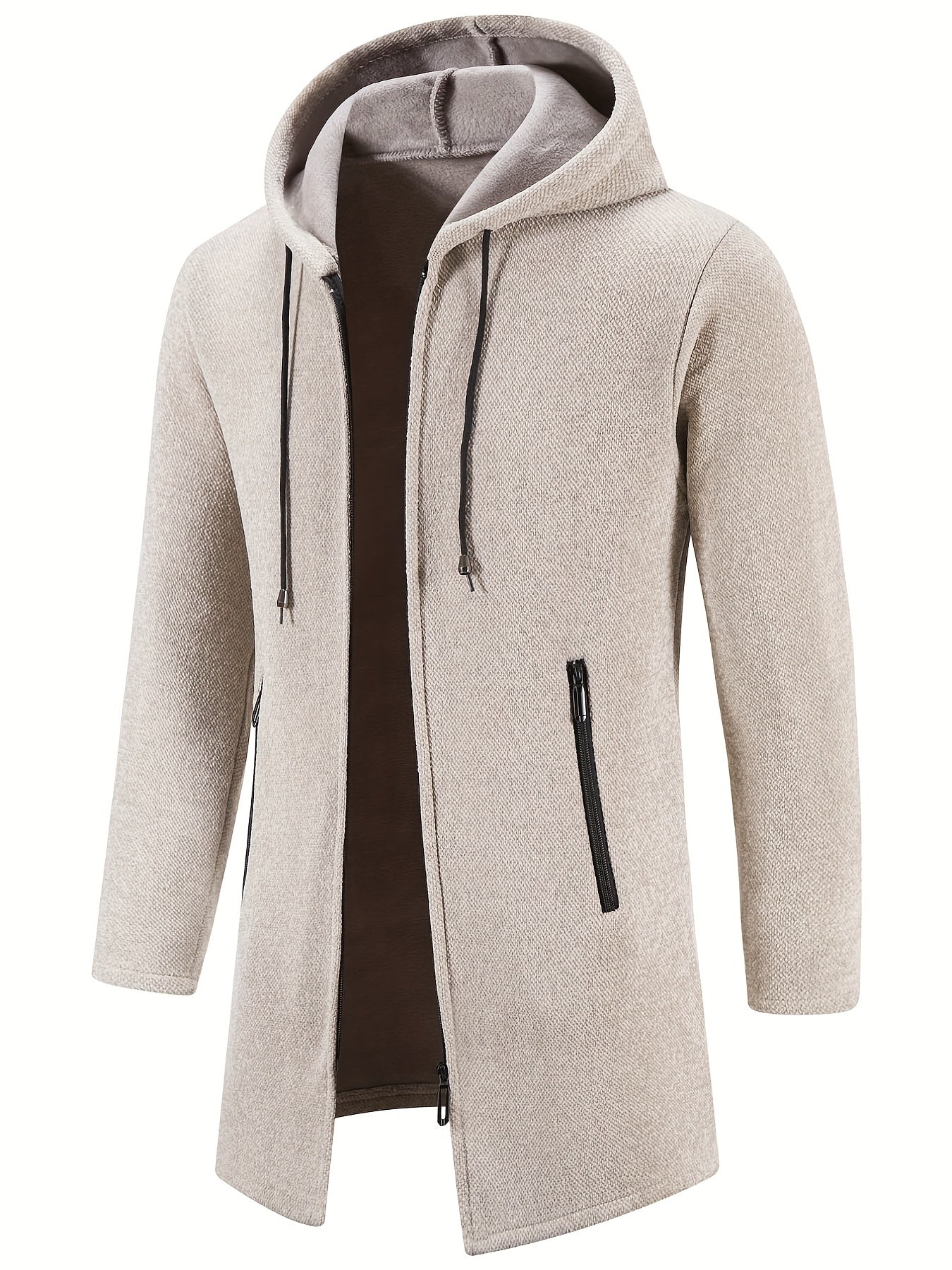 gbolsos Warm Mid-length Hooded Fleece Coat, Men's Comfortable Solid Color Zip Up Knitted Cardigan For Spring Fall