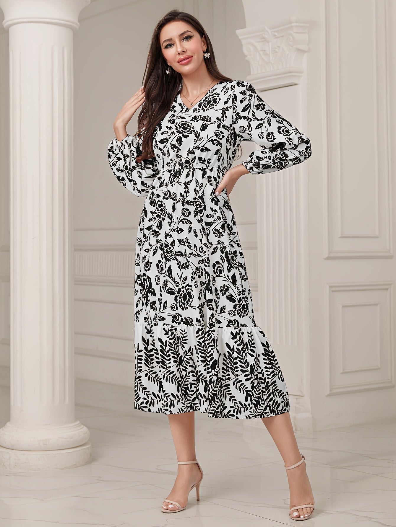 gbolsos Floral & Leaves Print V-neck Dress, Elegant Elastic Waist Long Sleeve Dress For Spring & Fall, Women's Clothing