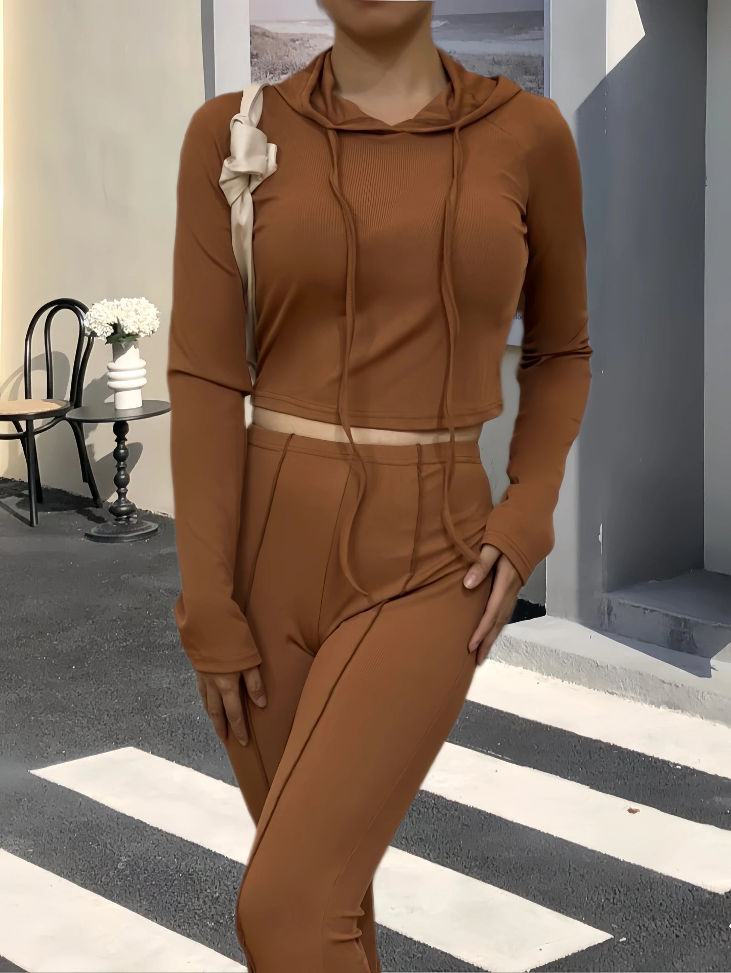 gbolsos Solid Drawstring Hooded T-Shirt, Casual Long Sleeve Top For Spring & Fall, Women's Clothing