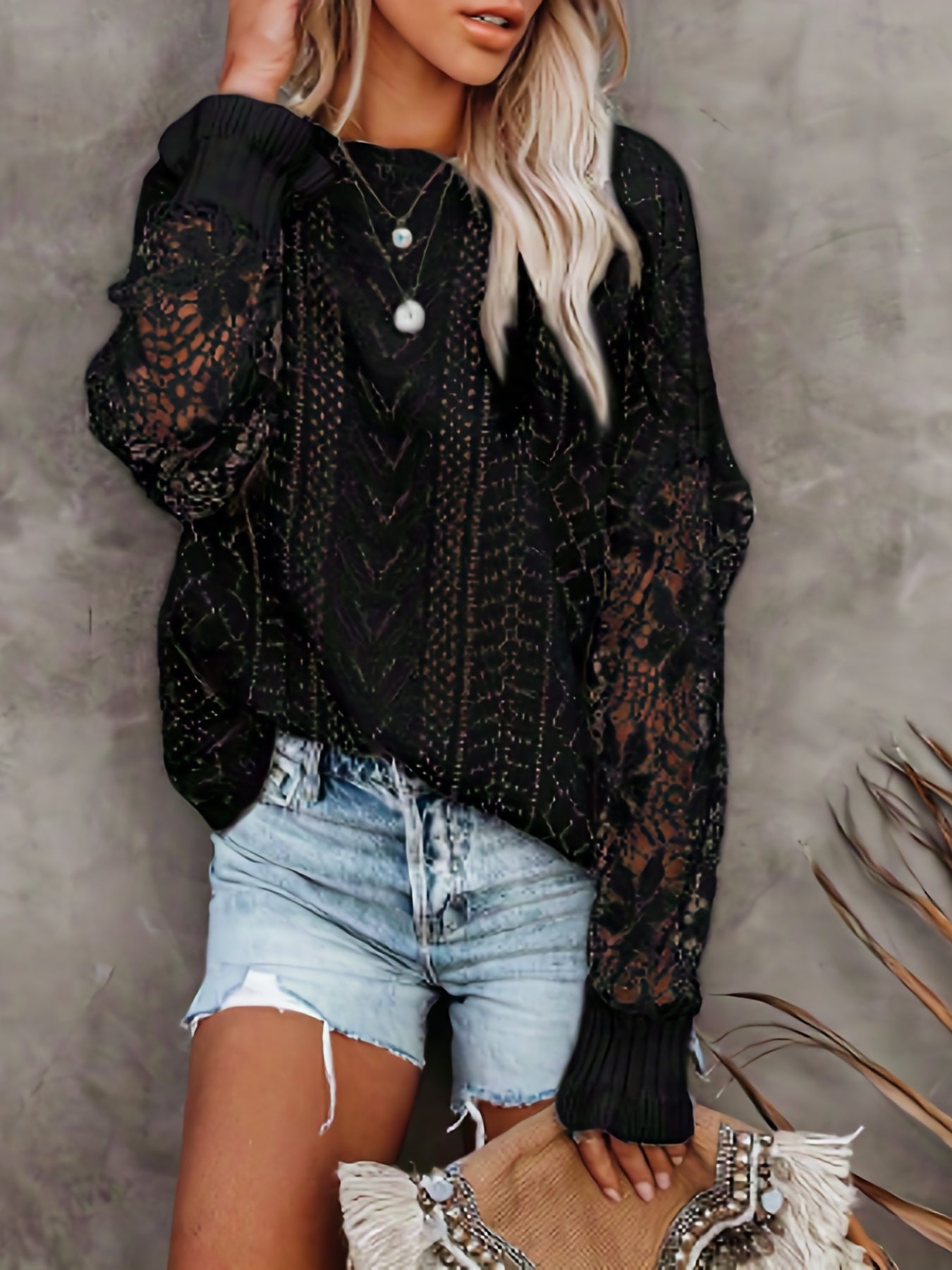 gbolsos Contrast Lace Eyelet Knit Sweater, Elegant Crew Neck Long Sleeve Sweater, Women's Clothing