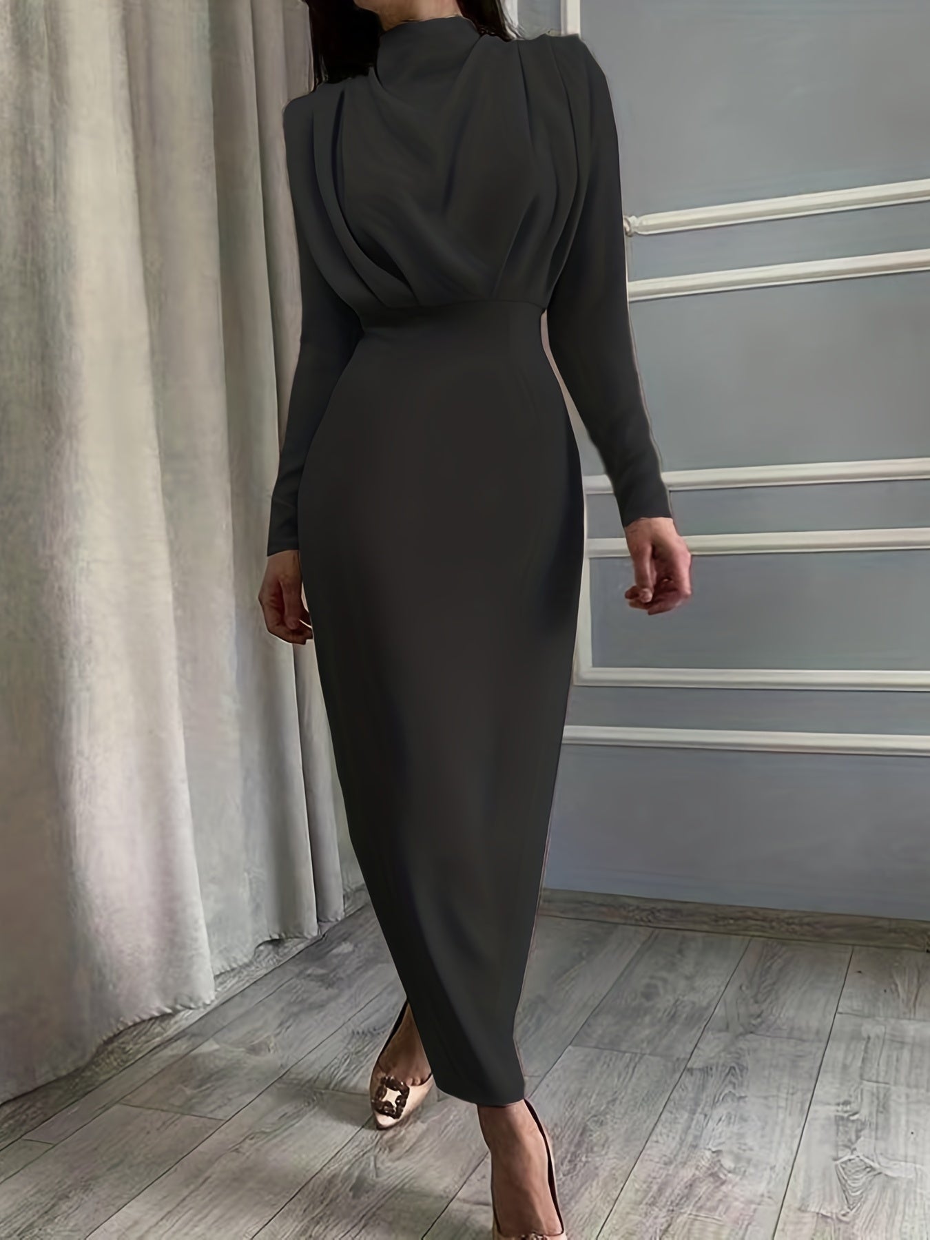 Solid Ruched Dress, Elegant Simple Long Sleeve Slim Waist Dress, Women's Clothing