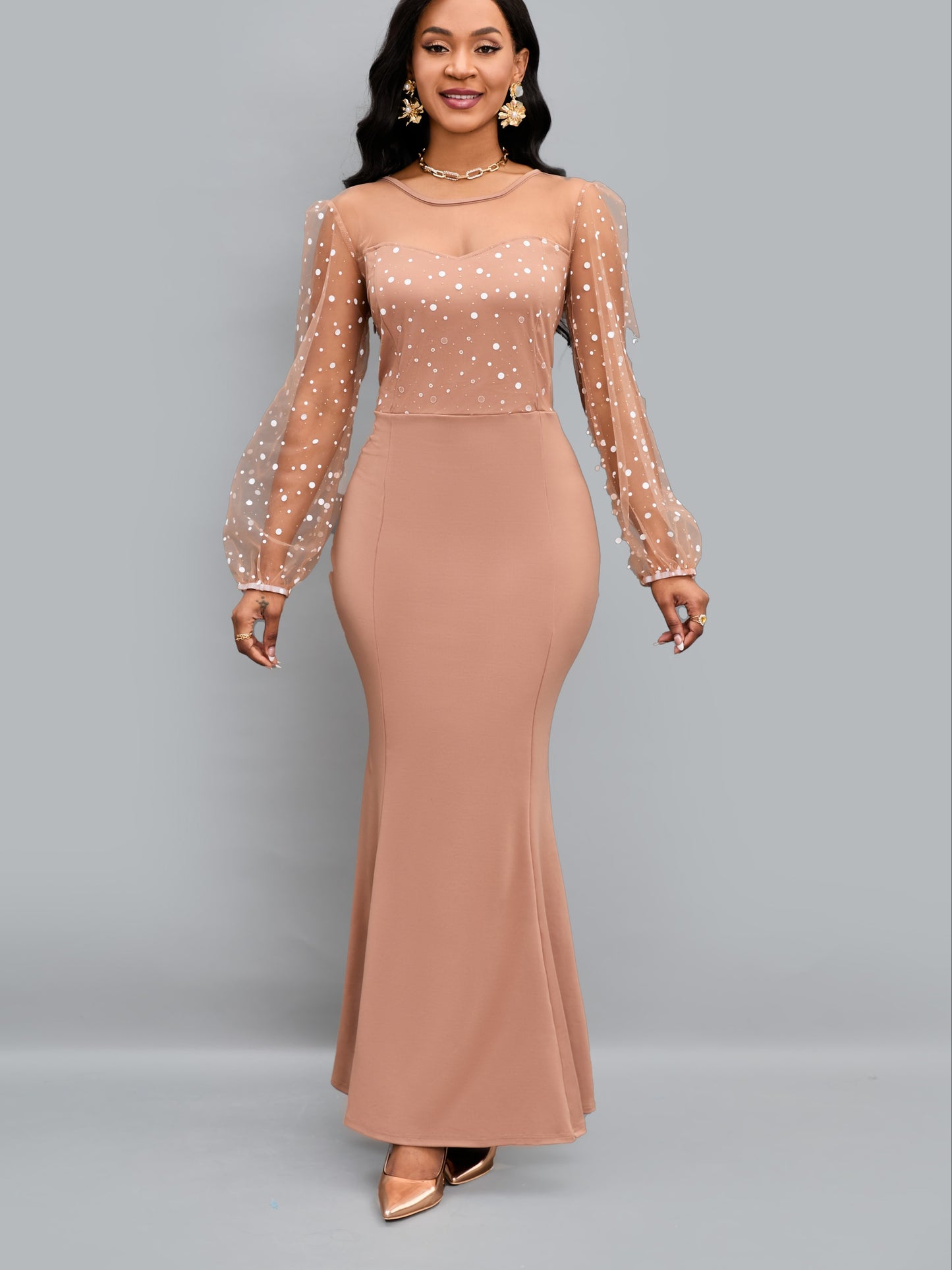 gbolsos Round Neck Mesh Stitching Dress, Elegant Slim Long Sleeve Waist Long Dresses, Women's Clothing