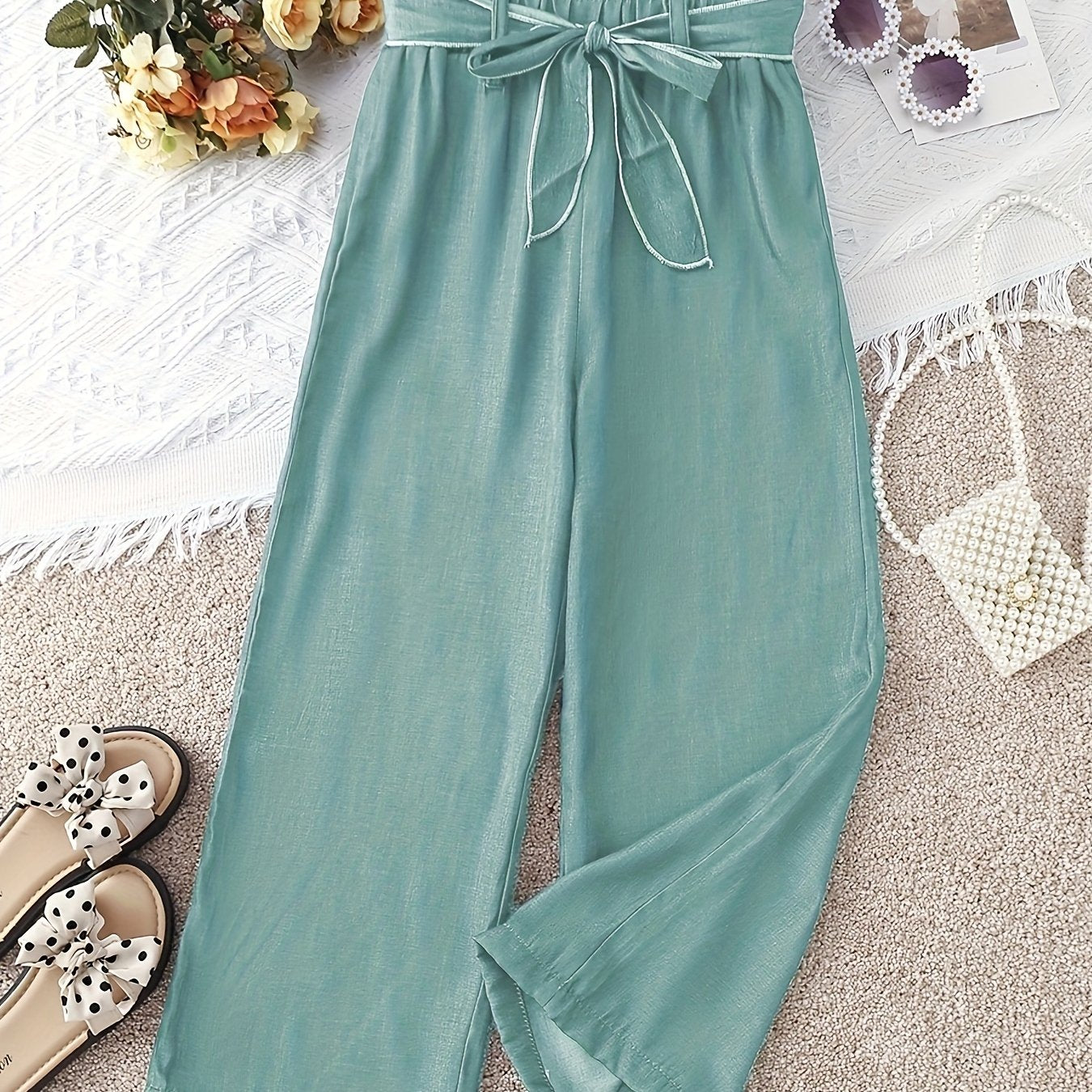 gbolsos Girls' Cosy Faux Denim Print Wide Leg Casual Pants Trousers With Belt For Spring/Summer/Fall