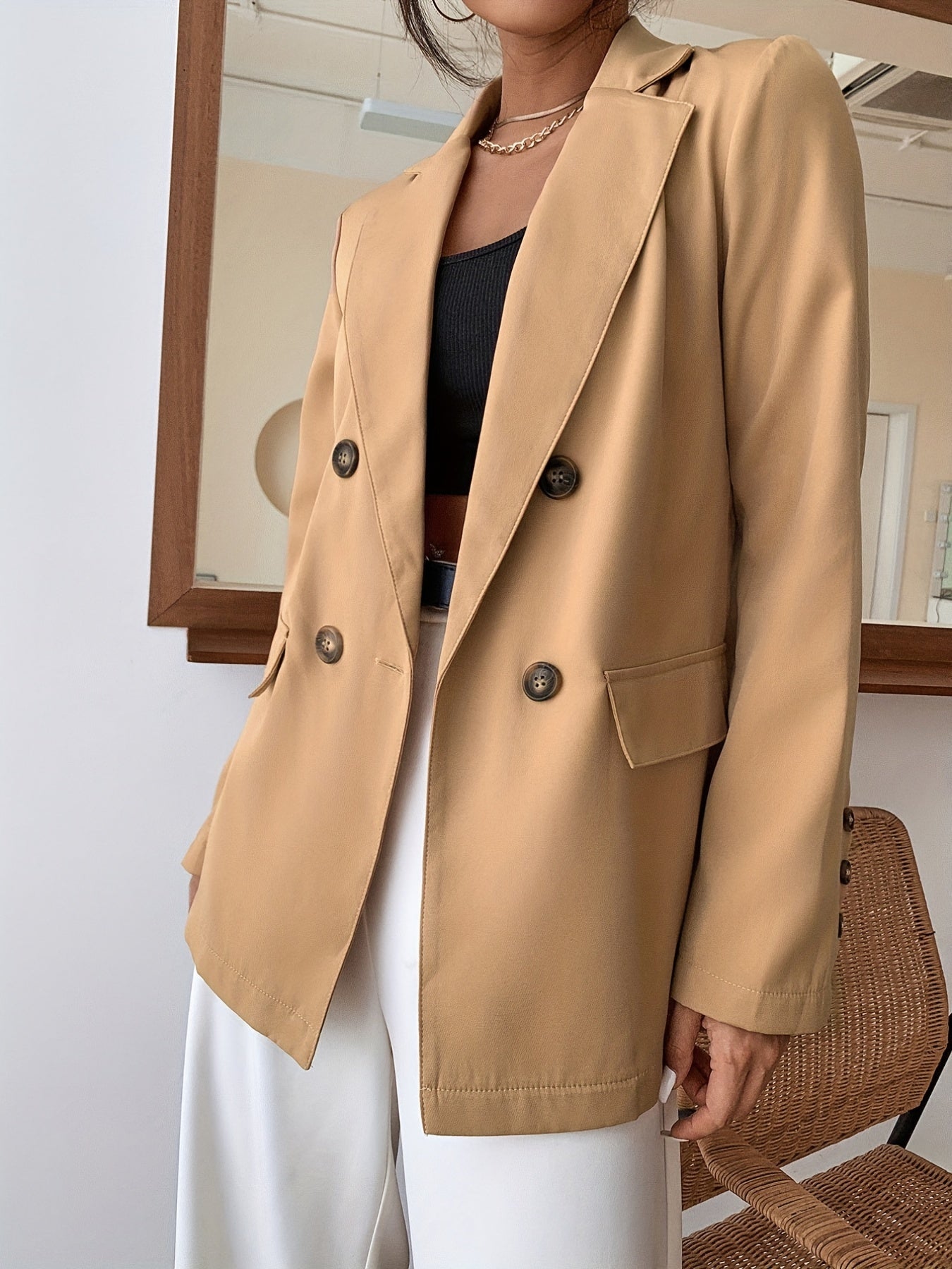 Double Breasted Lapel Blazer, Elegant Open Front Long Sleeve Outerwear, Women's Clothing