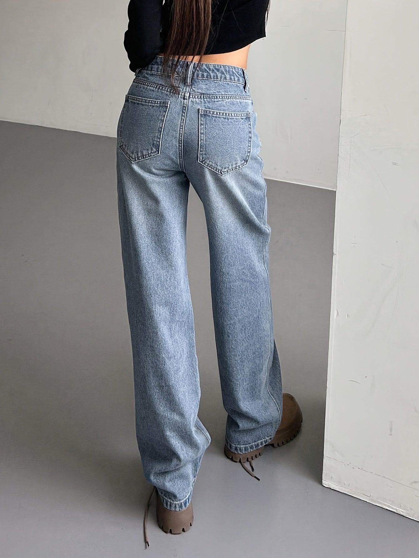gbolsos Loose Fit Washed Straight Jeans, Slant Pockets Non-Stretch Casual Denim Pants, Women's Denim Jeans & Clothing