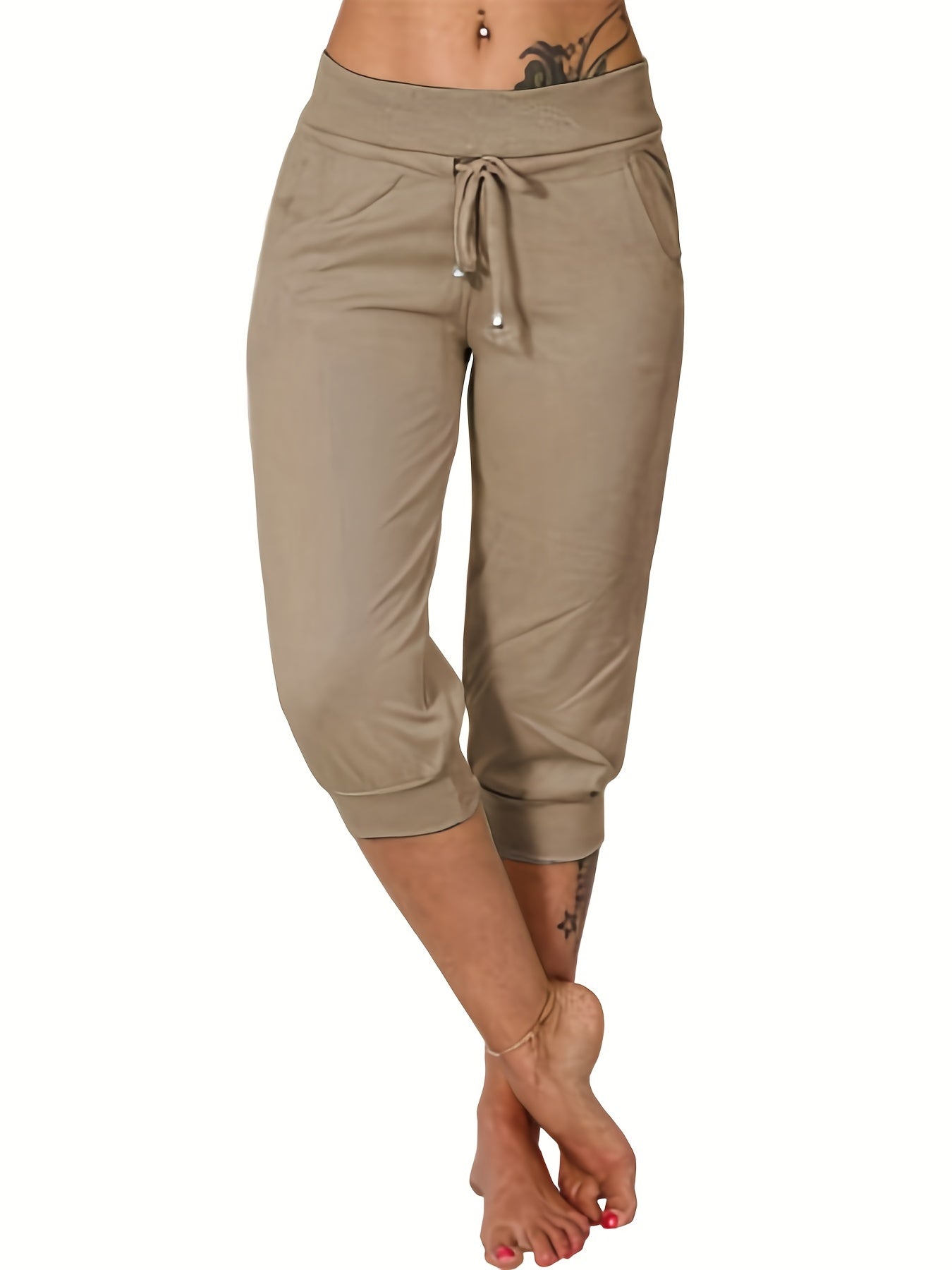 gbolsos Drawstring Workout Cropped Pants, Casual Solid Summer Pants With Pockets, Women's Clothing
