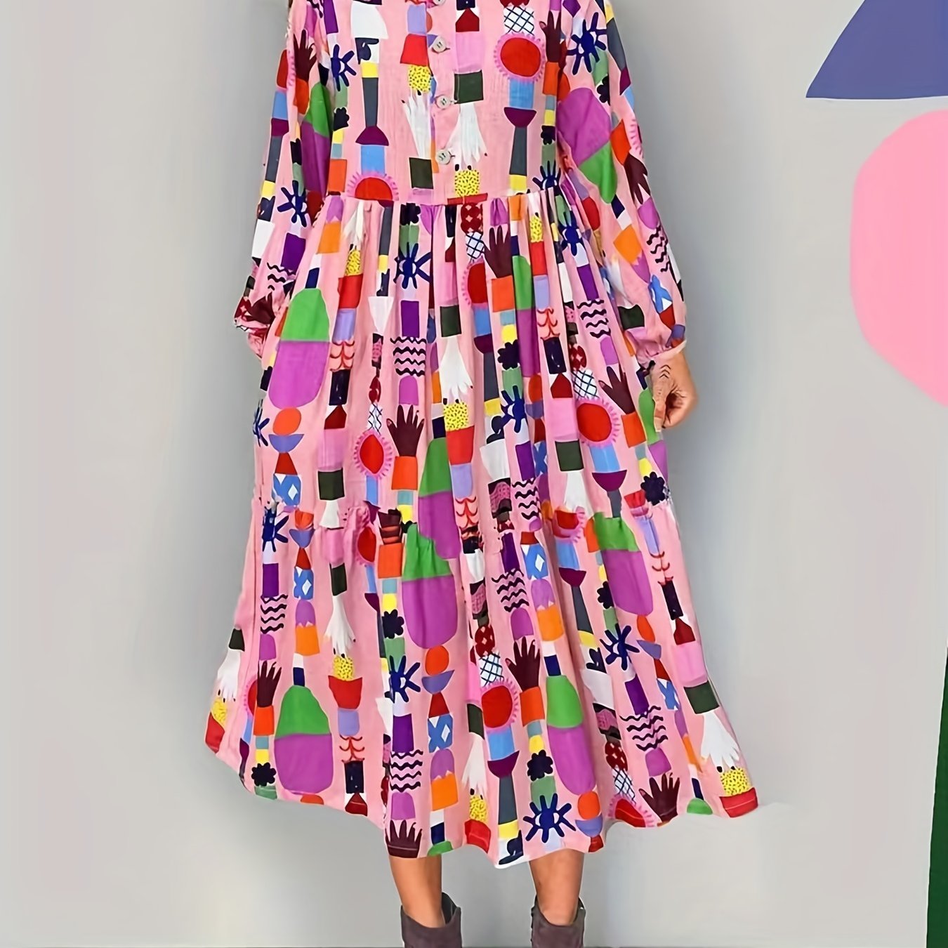 gbolsos Plus Size Cute Maxi Dress, Women's Plus Random Print Long Sleeve Button Up Turn Down Collar Smock Shirt Dress