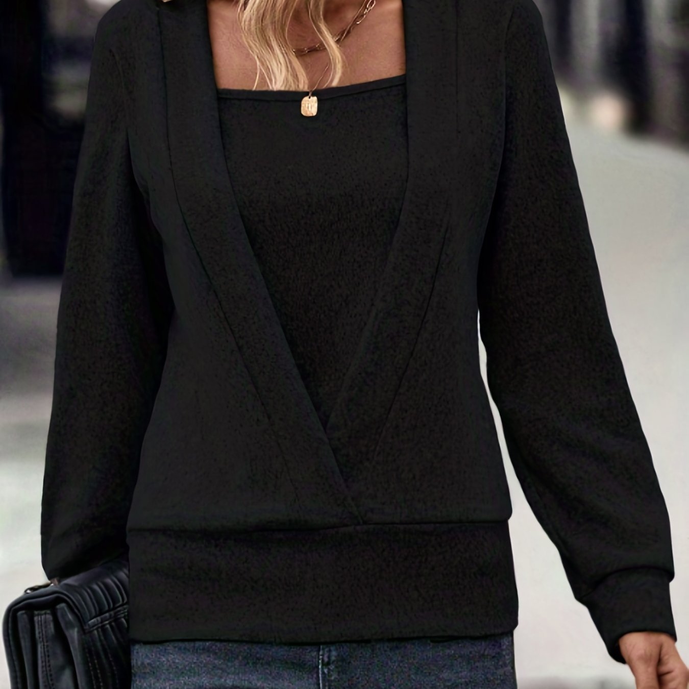 Plus Size Casual Top, Women's Plus Solid Faux Twinset Long Sleeve Square Neck Slight Stretch Pullover Top