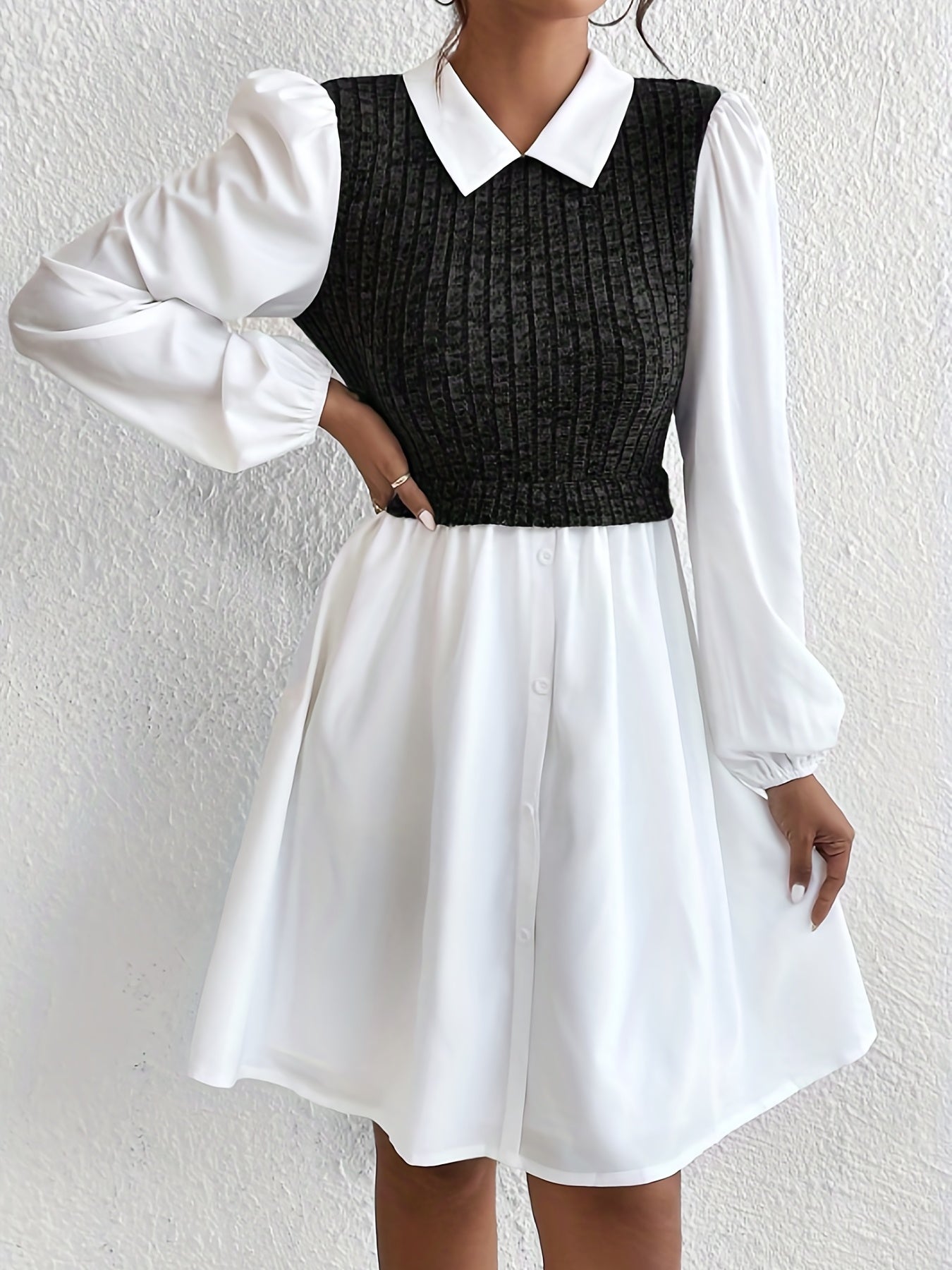 Button Front Stitching Knit Dress, Elegant Long Sleeve Collared Dress, Women's Clothing