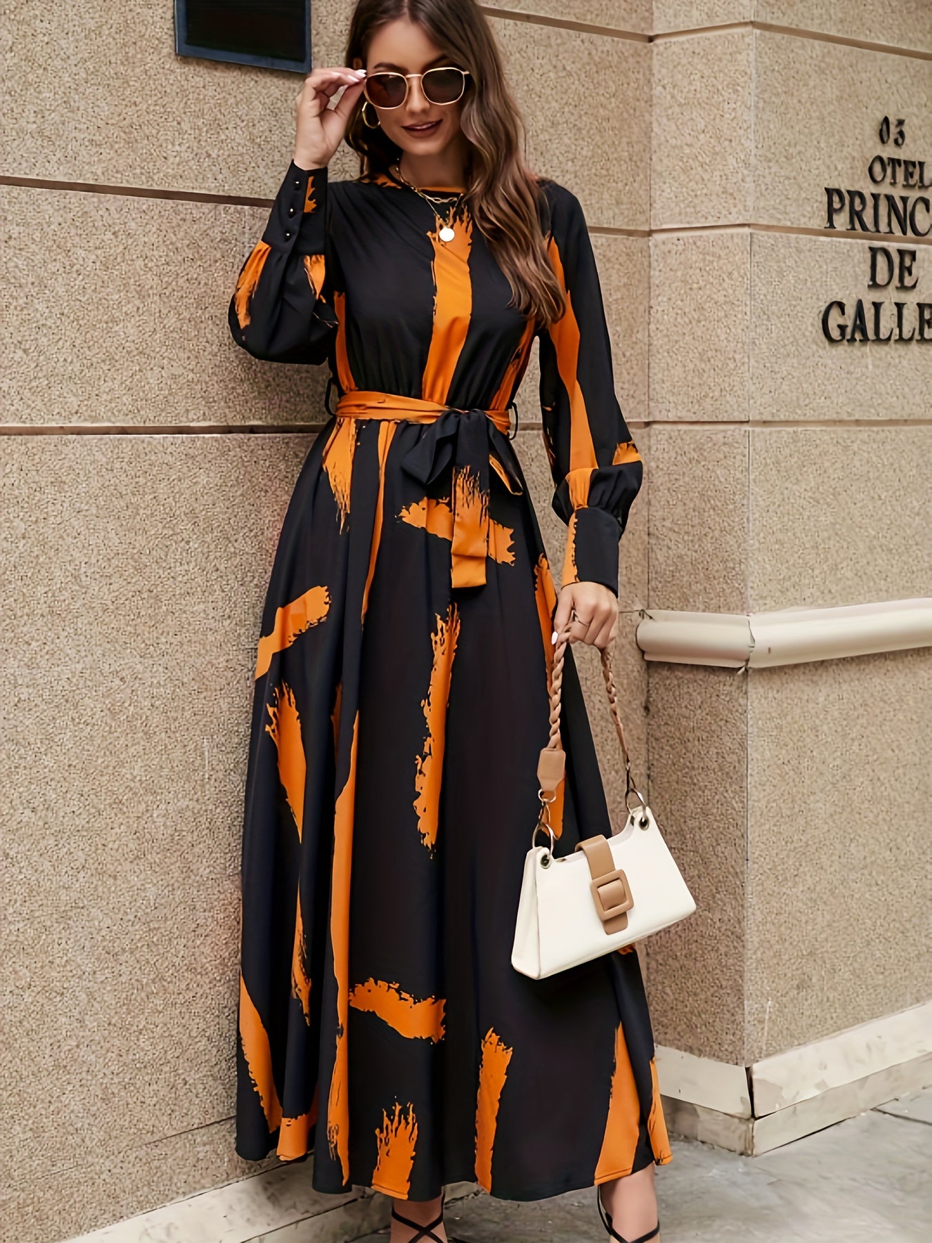 gbolsos Brush Print Keyhole Dress, Elegant Long Sleeve Maxi Dress, Women's Clothing