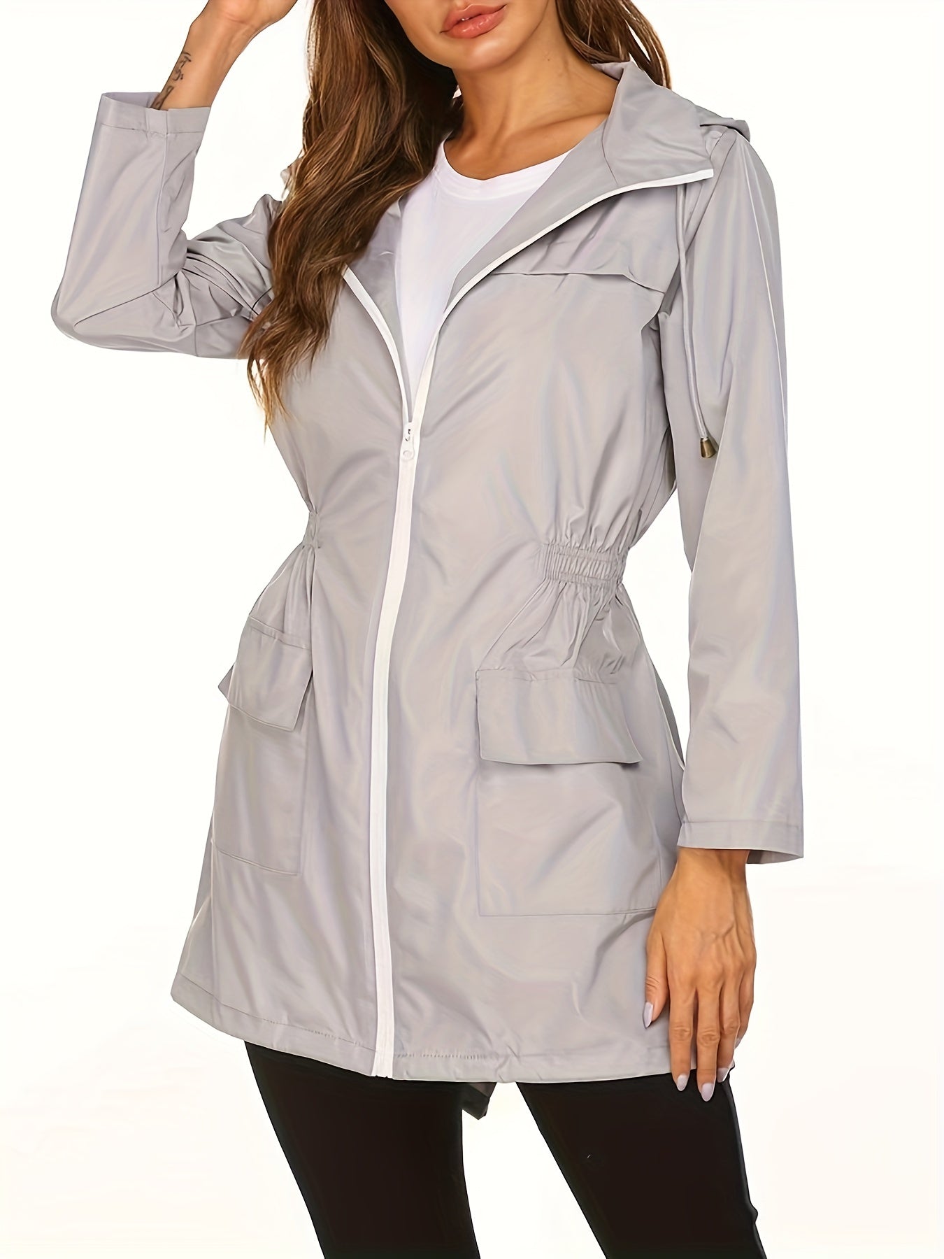 Plus Size Casual Coat, Women's Plus Solid Long Sleeve Zipper Hooded Drawstring Nipped Waist Tunic Jacket With Pockets