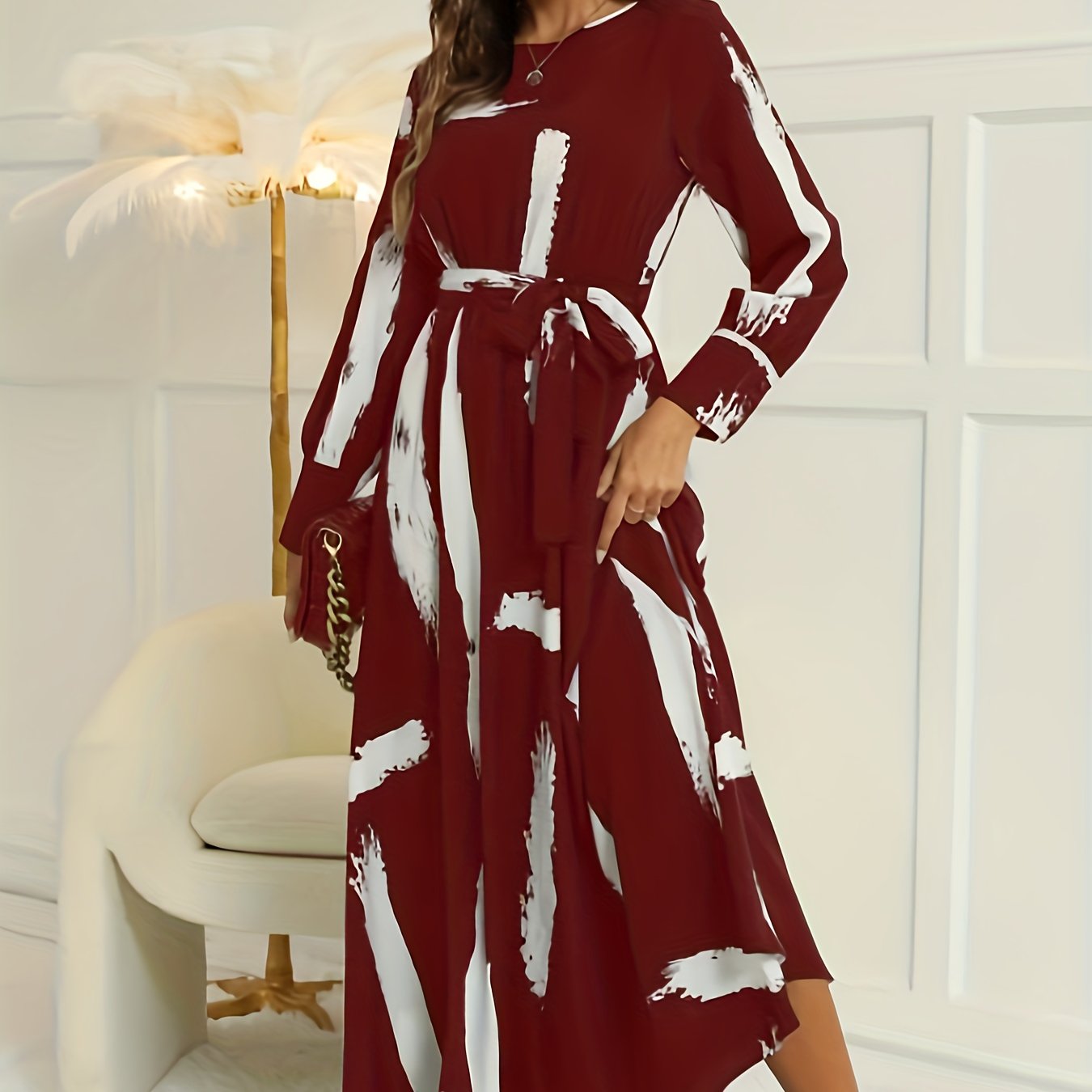 gbolsos Brush Print Keyhole Dress, Elegant Long Sleeve Maxi Dress, Women's Clothing