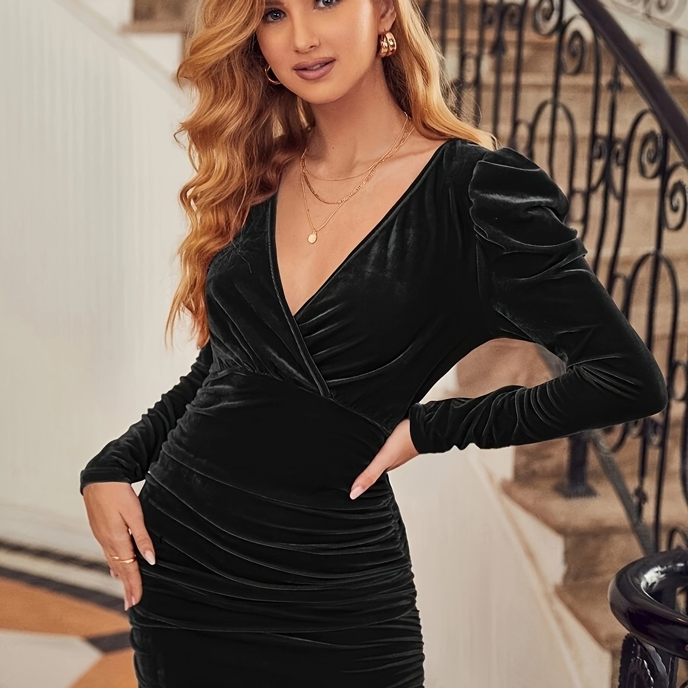 gbolsos Solid Ruched Bodycon Dress, Elegant V Neck Long Sleeve Party Dress, Women's Clothing