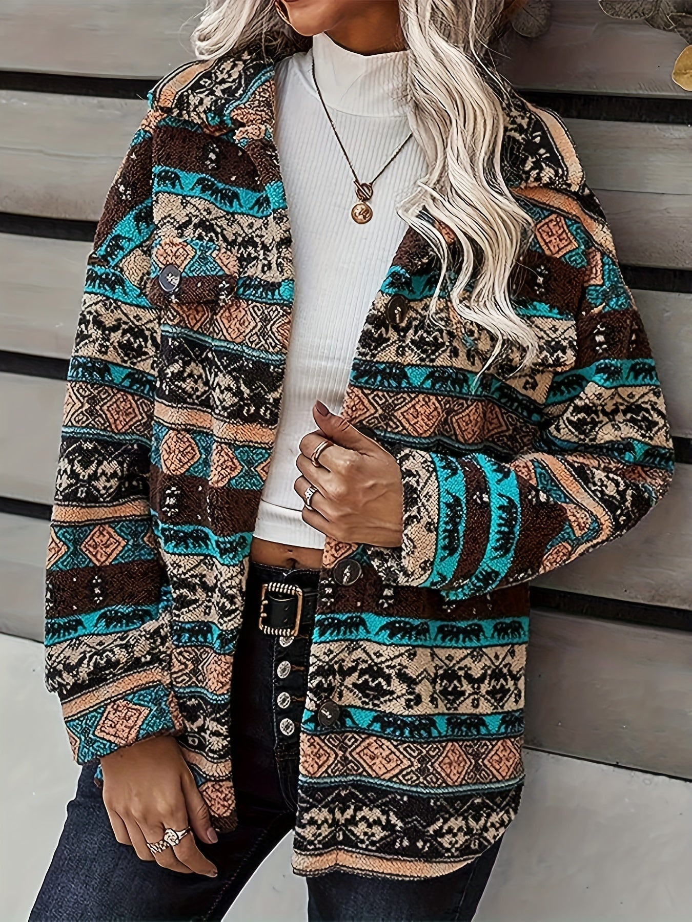 gbolsos Ethnic Geo Print Button Down Jacket, Casual Long Sleeve Drop Shoulder Outwear, Women's Clothing