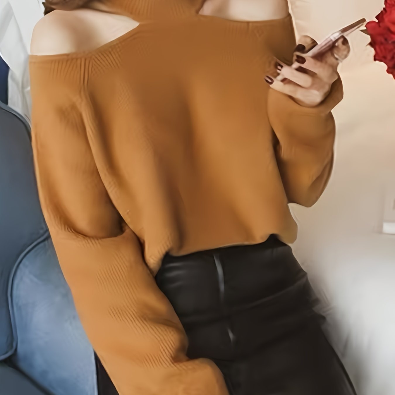 gbolsos Solid Mock Neck Pullover Sweater, Casual Cold Shoulder Long Sleeve Loose Sweater, Women's Clothing