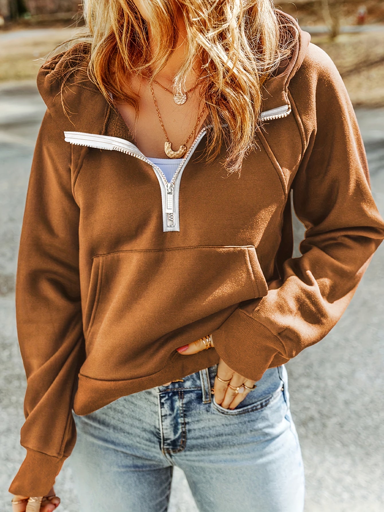 gbolsos Solid Half Zip Hoodie, Casual Long Sleeve Pocket Sweatshirt, Women's Clothing