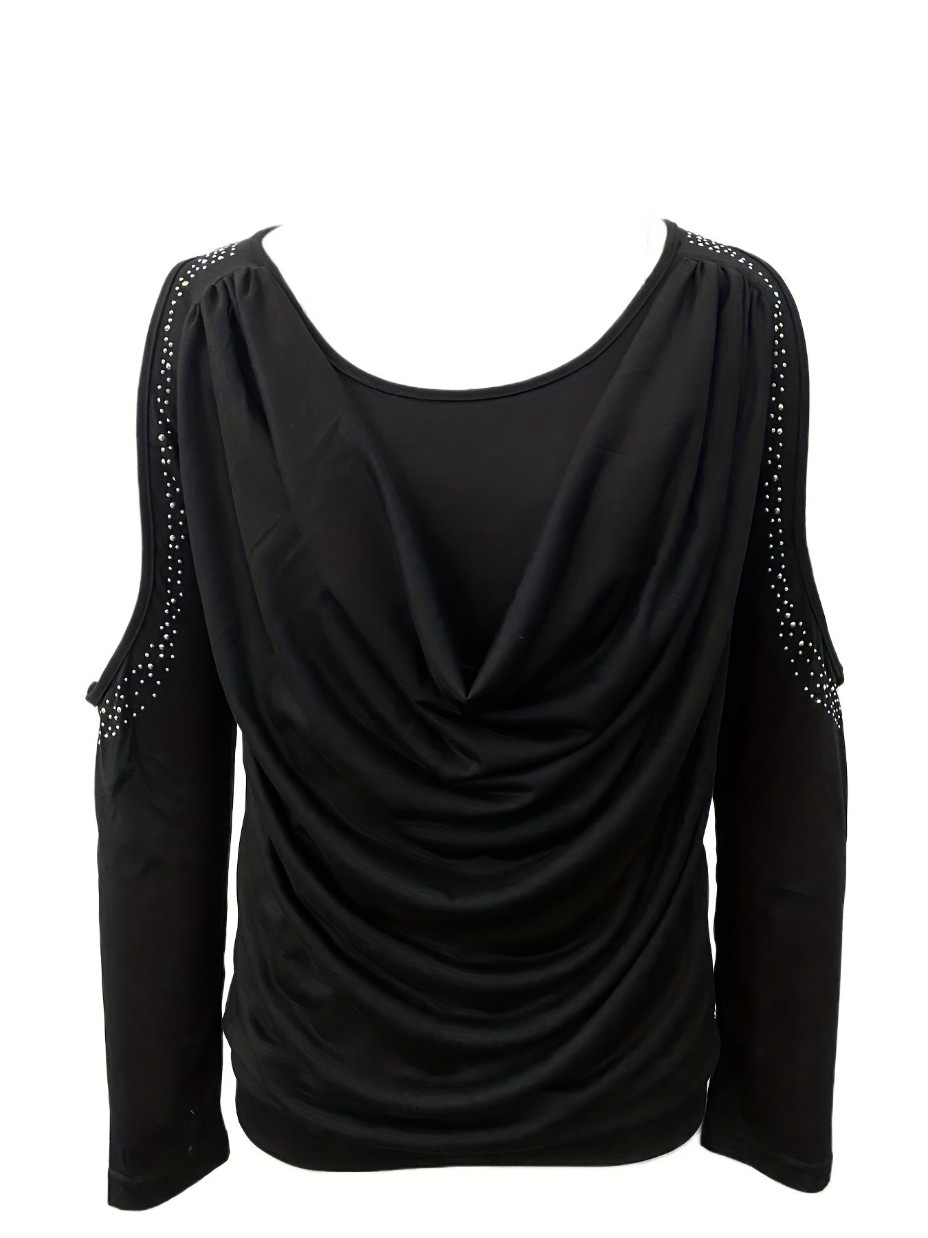 kkboxly Cold Shoulder Rhinestone Decor T-shirt, Sexy Crew Neck Long Sleeve T-Shirt, Women's Clothing