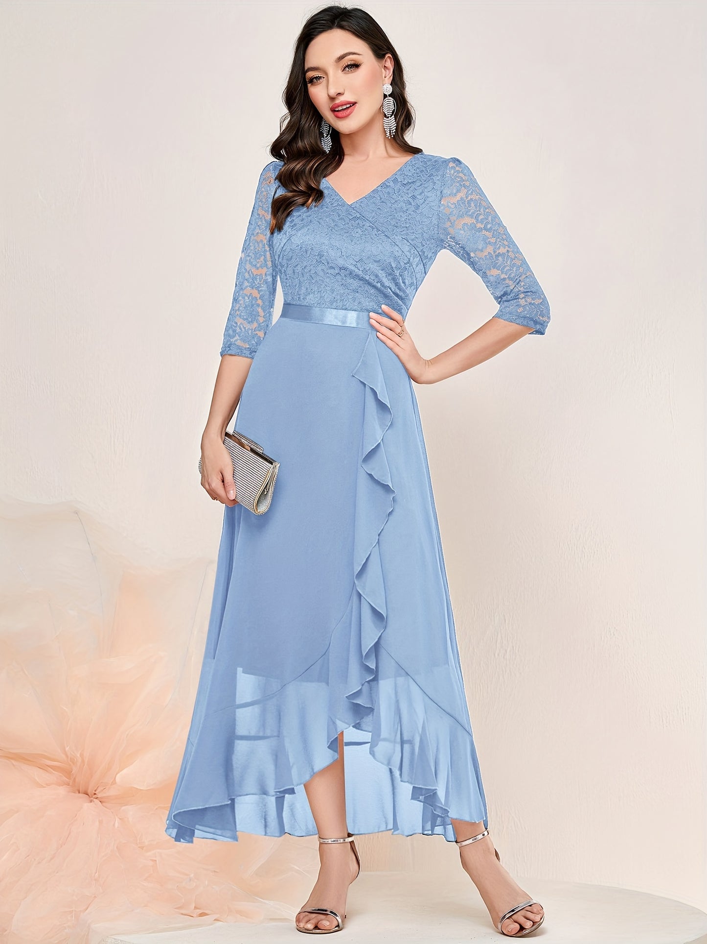 gbolsos Solid V Neck Lace Splicing Dress, Elegant Ruffle Trim Dress For Wedding & Banquet, Women's Clothing