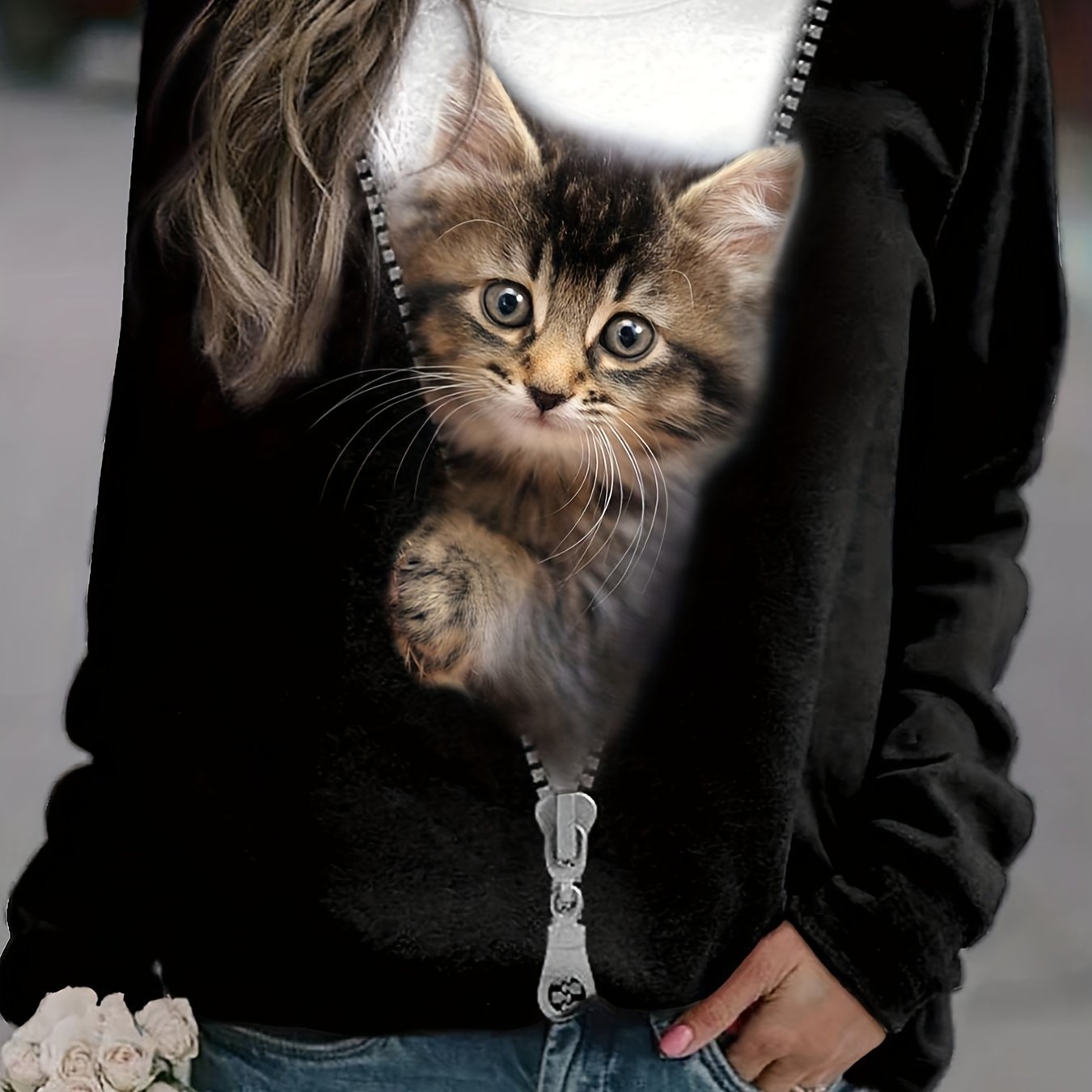 Plus Size Casual Top, Women's Plus Colorblock Cute Cat Print Long Sleeve Round Neck Top
