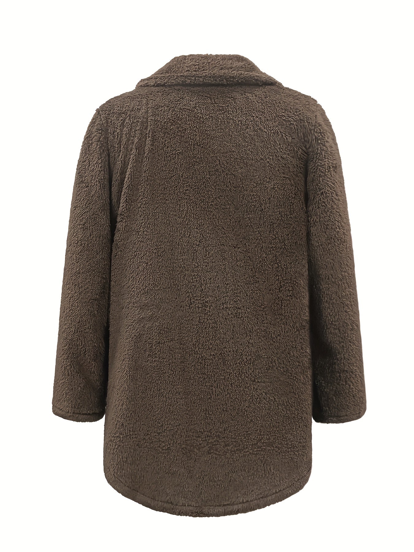 Plus Size Casual Coat, Women's Plus Solid Teddy Fleece Long Sleeve Lapel Collar Medium Stretch Overcoat