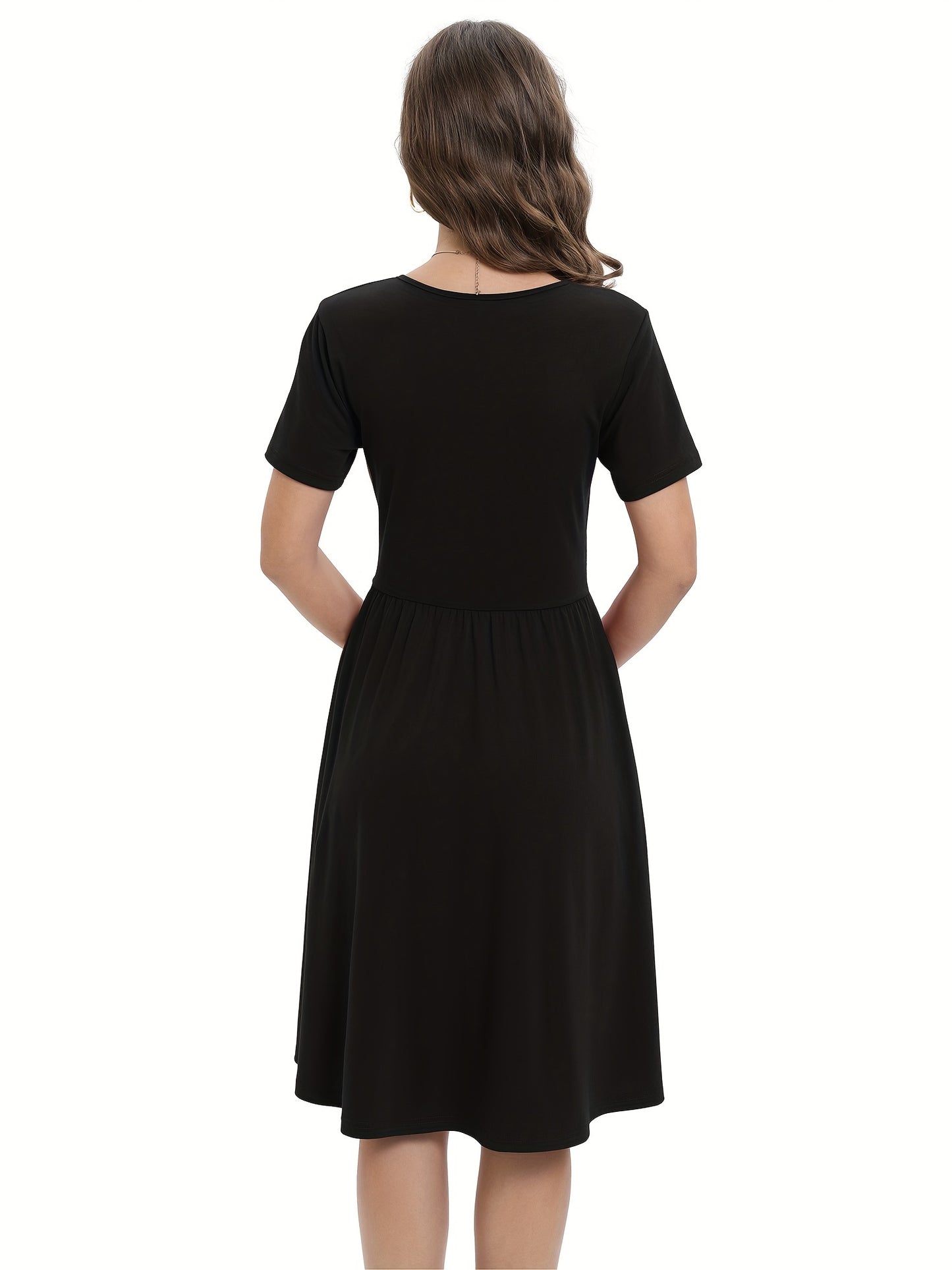 A-line Solid V Neck Dress, Casual Short Sleeve Dress For Spring & Summer, Women's Clothing