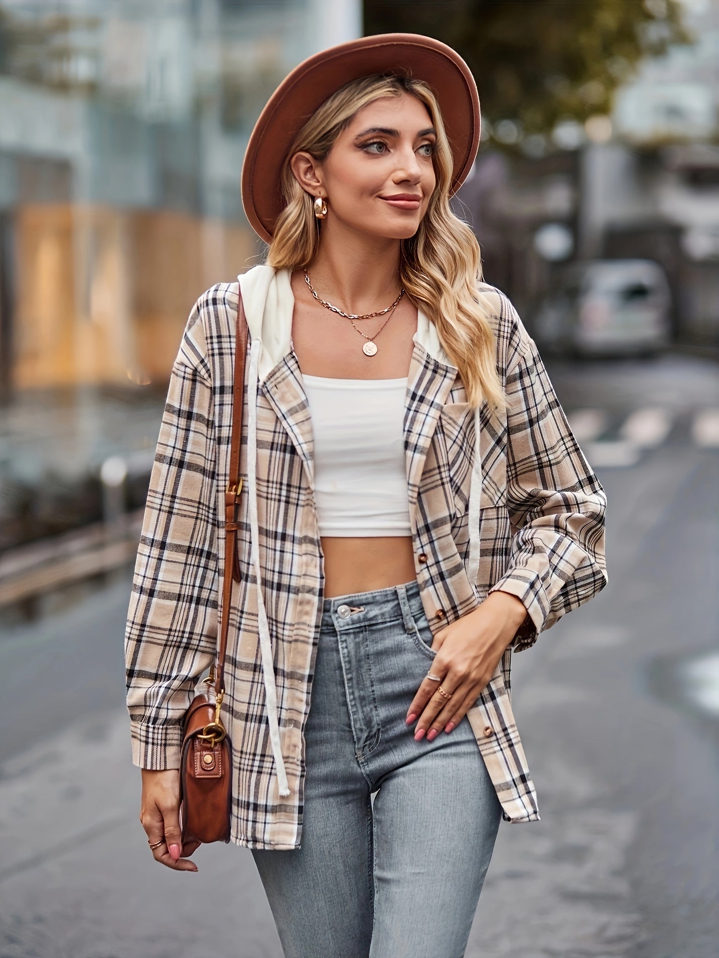 gbolsos Hooded Plaid Print Blouse, Casual Button Front Drawstring Long Sleeve Blouse, Women's Clothing