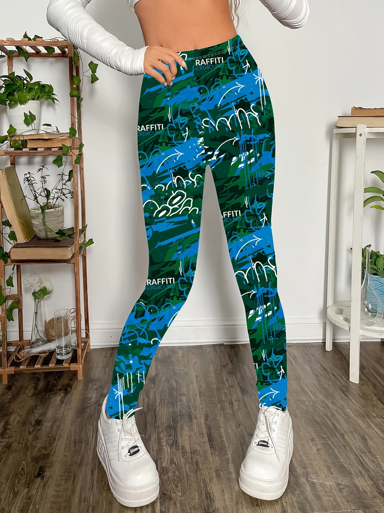 gbolsosGraffiti Print Skinny Leggings, Casual Every Day Stretchy Leggings, Women's Clothing