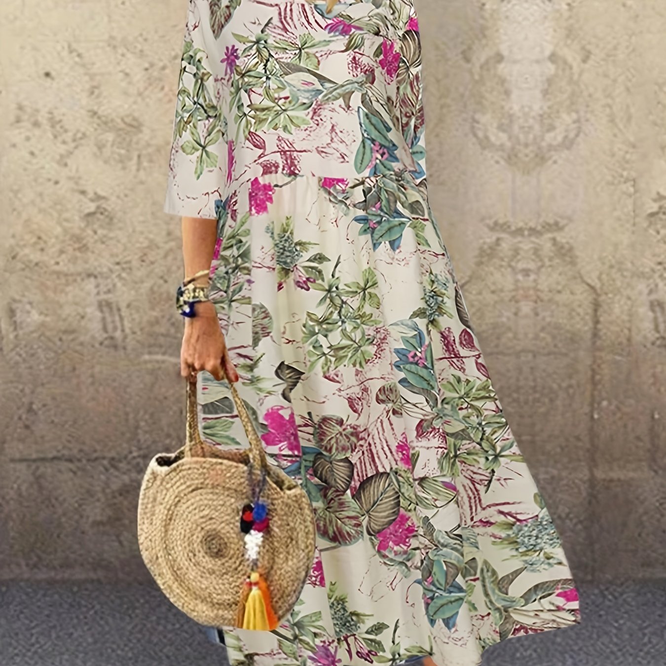 gbolsos Plus Size Casual Dress, Women's Plus Floral Print Half Sleeve Round Neck Maxi Dress