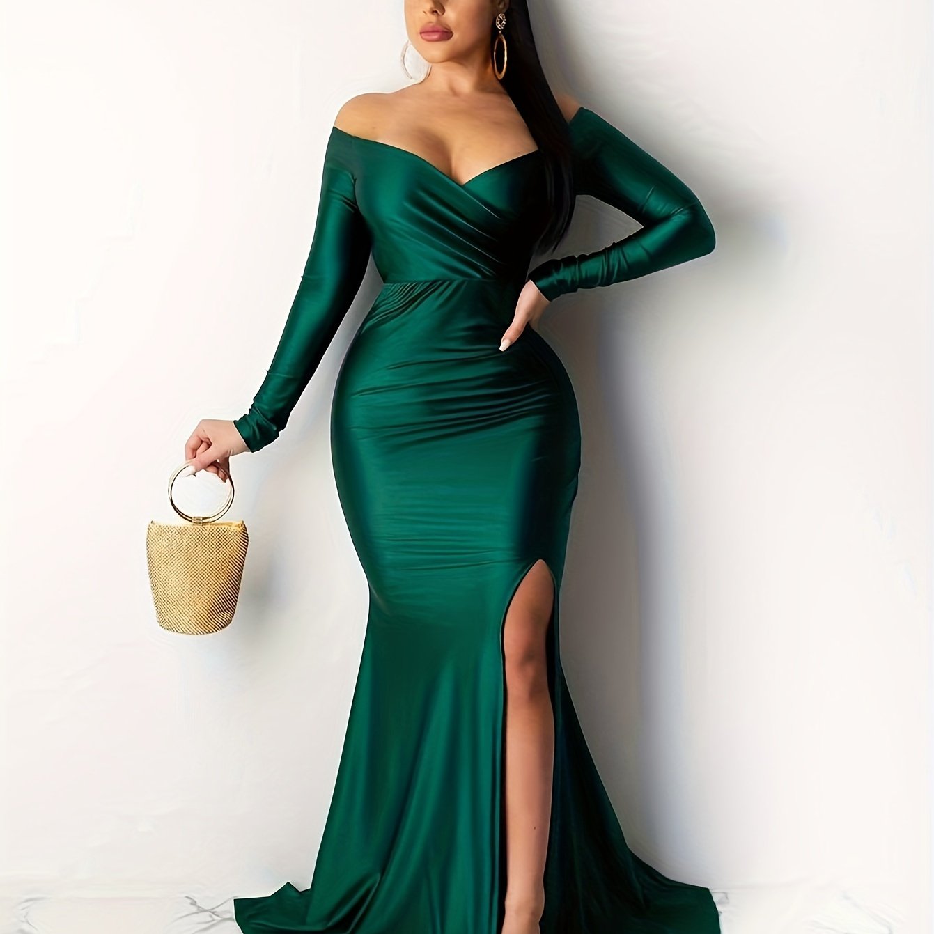 gbolsos Split Thigh Floor Length Dress, Party Wear Off Shoulder Long Sleeve Dress, Women's Clothing