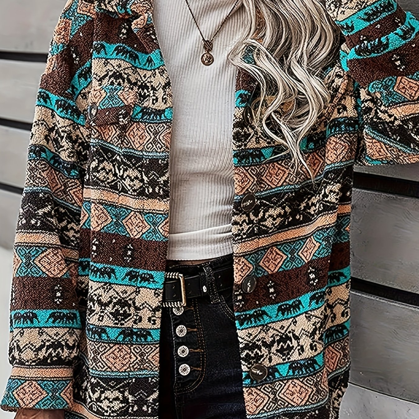 gbolsos Ethnic Geo Print Button Down Jacket, Casual Long Sleeve Drop Shoulder Outwear, Women's Clothing