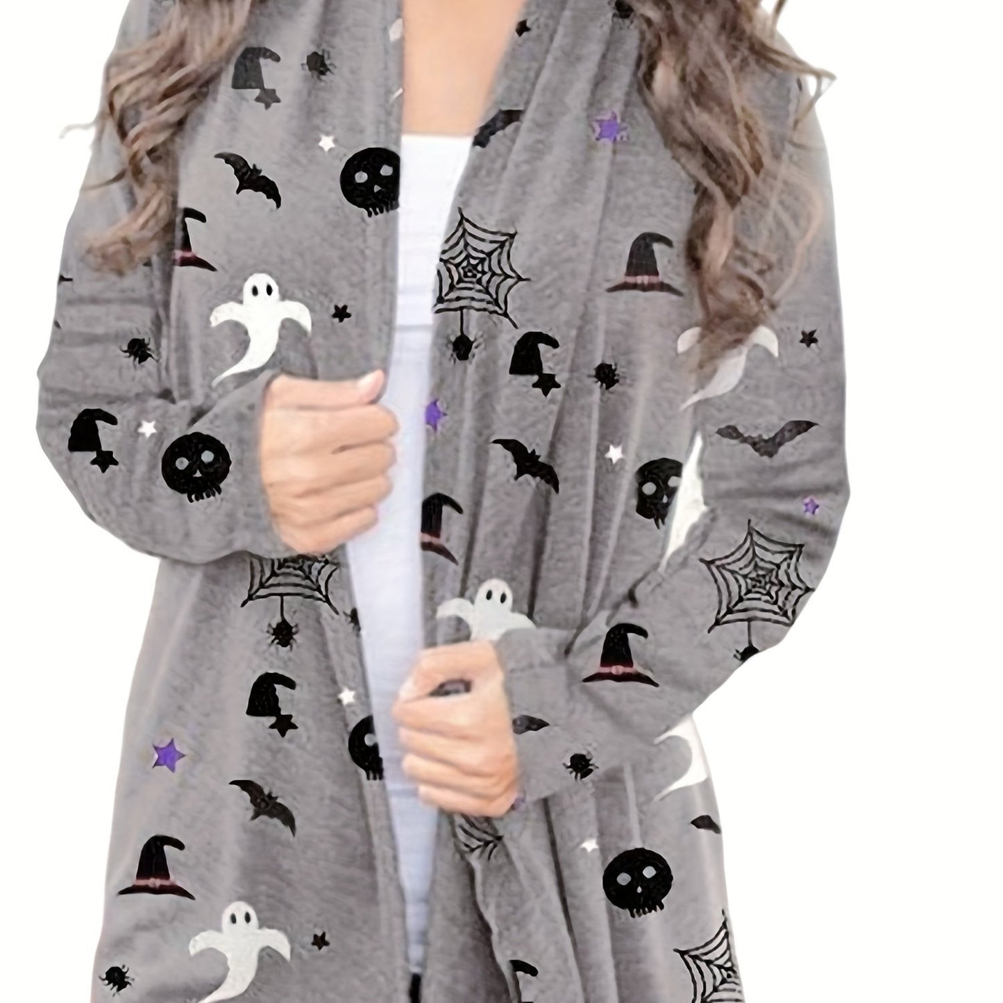 gbolsos Halloween Allover Print Cardigan, Open Front Long Sleeve Cardigan For Spring & Fall, Women's Clothing
