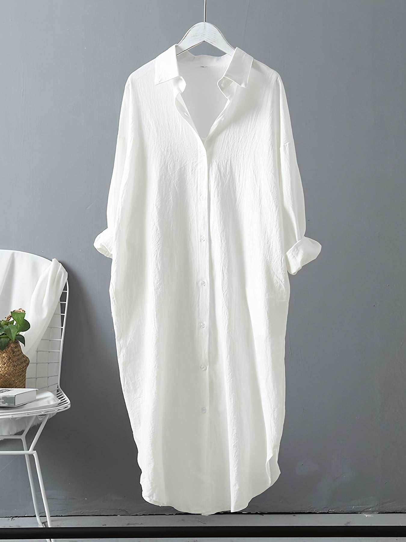gbolsos Loose Long Sleeve Solid Lapel Shirt, Casual Medium Longline Button Shirt, Women's Clothing