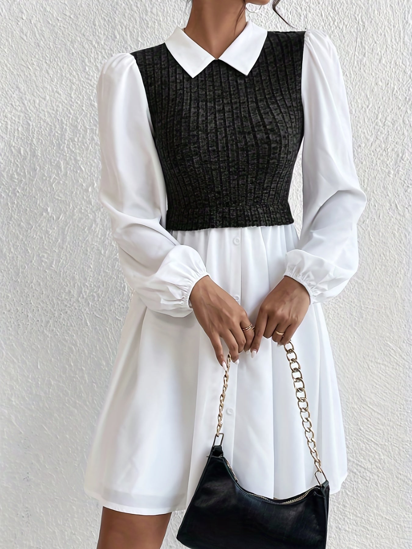 Button Front Stitching Knit Dress, Elegant Long Sleeve Collared Dress, Women's Clothing