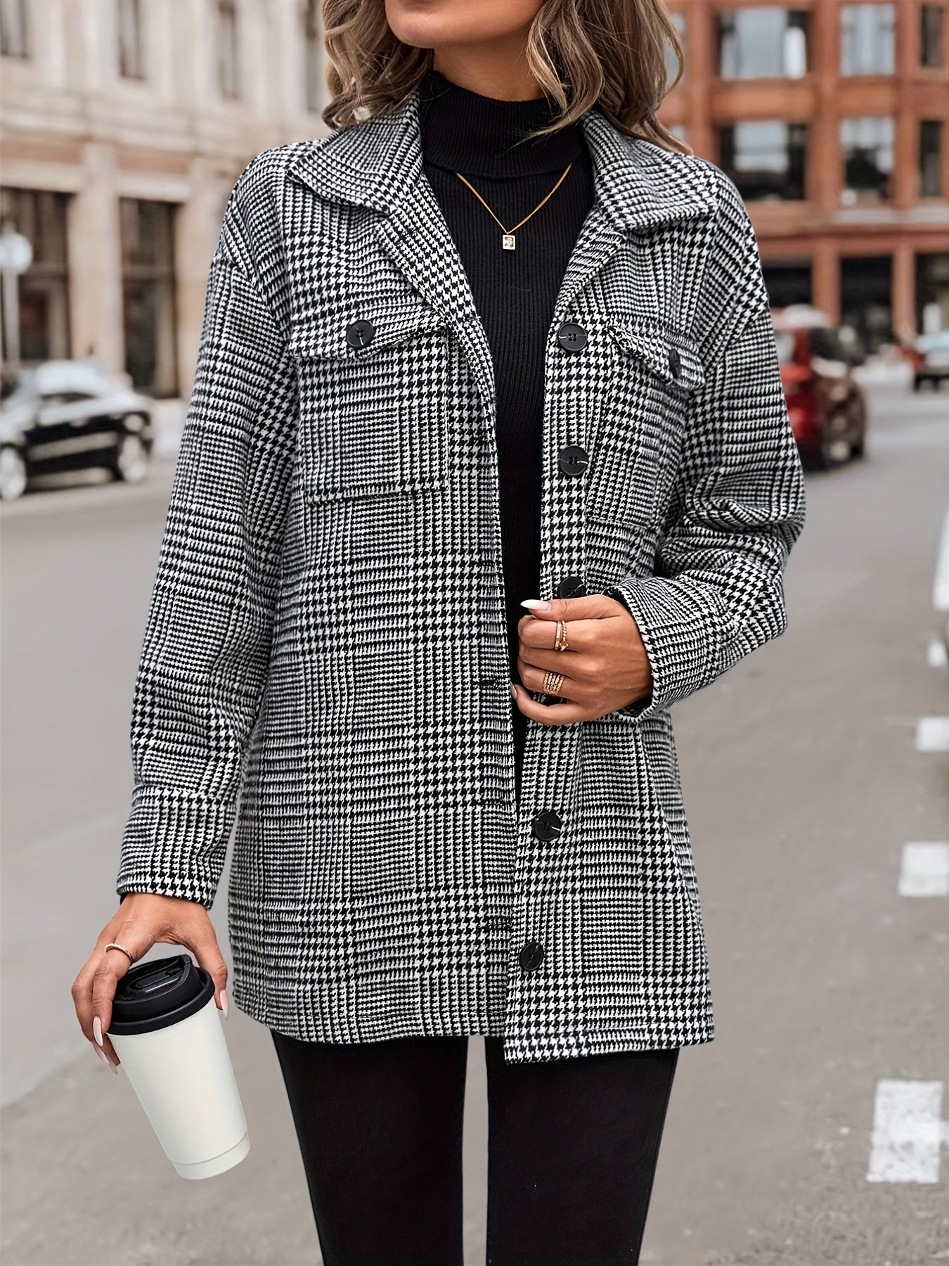 gbolsos Houndstooth Flap Pockets Jacket, Casual Long Sleeve Single Breasted Jacket, Women's Clothing
