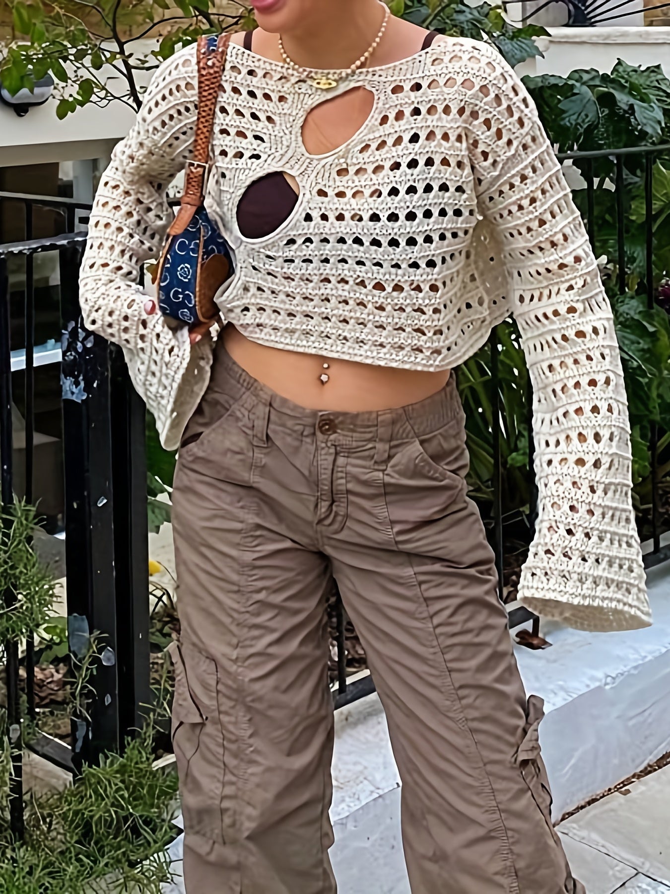gbolsos Y2K Crochet Crop Top, Long Sleeve Solid Casual Top, Women's Clothing