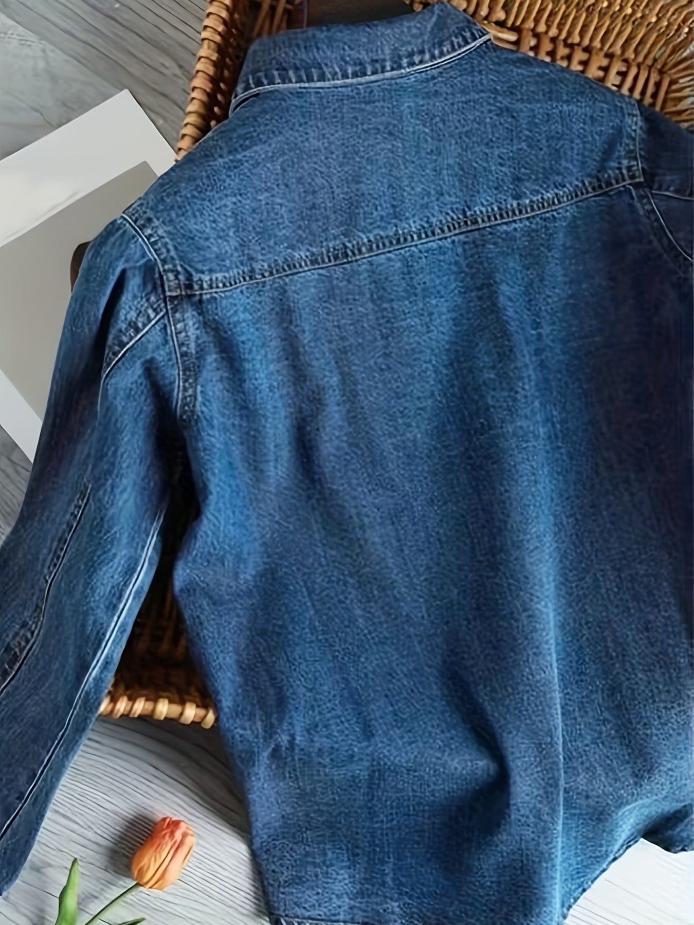 gbolsos Blue Loose Fit Lapel Denim Shirt, Long Sleeves Patch Pockets Casual Denim Shirt, Women's Denim Clothing