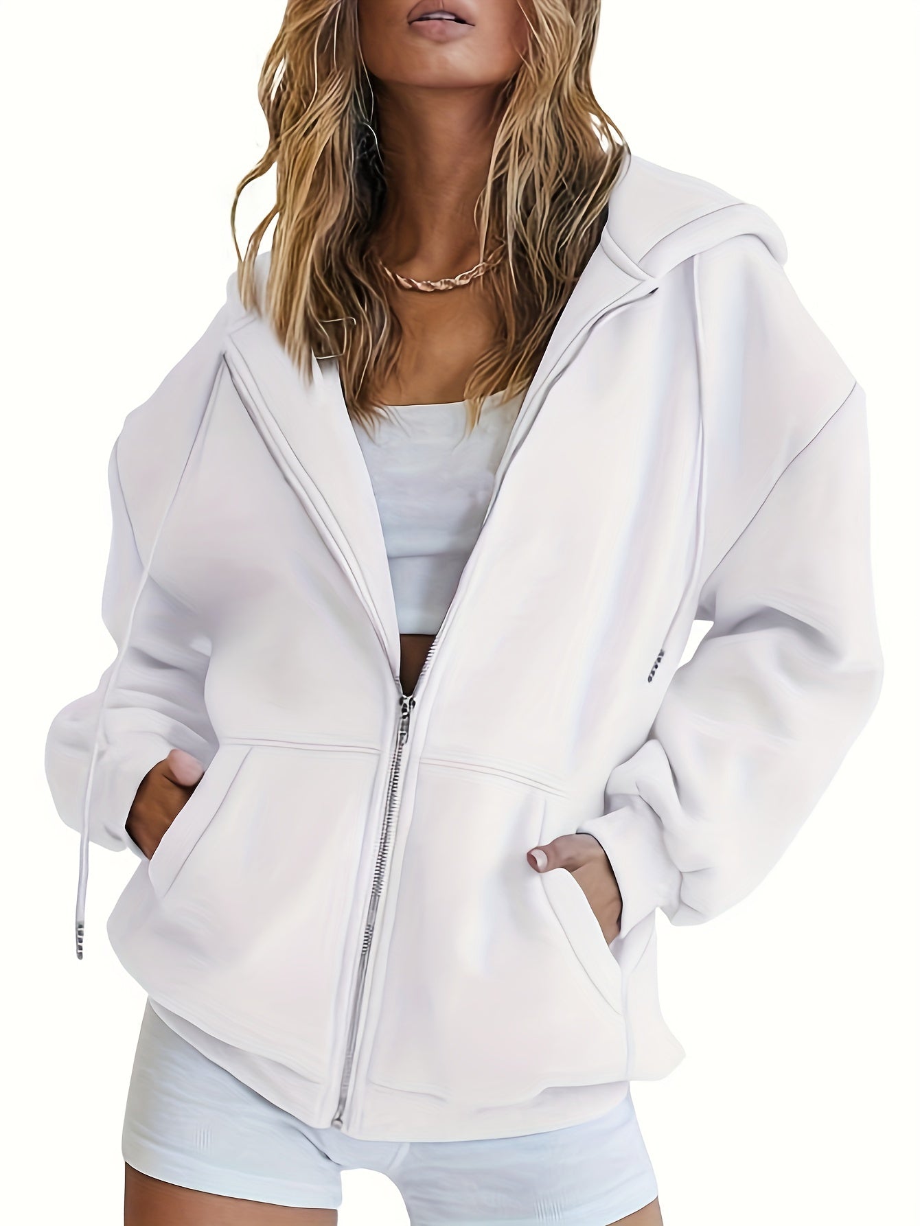gbolsos Solid Zip Up Pocket Hoodie, Casual Long Sleeve Drawstring Hoodies Sweatshirt, Women's Clothing