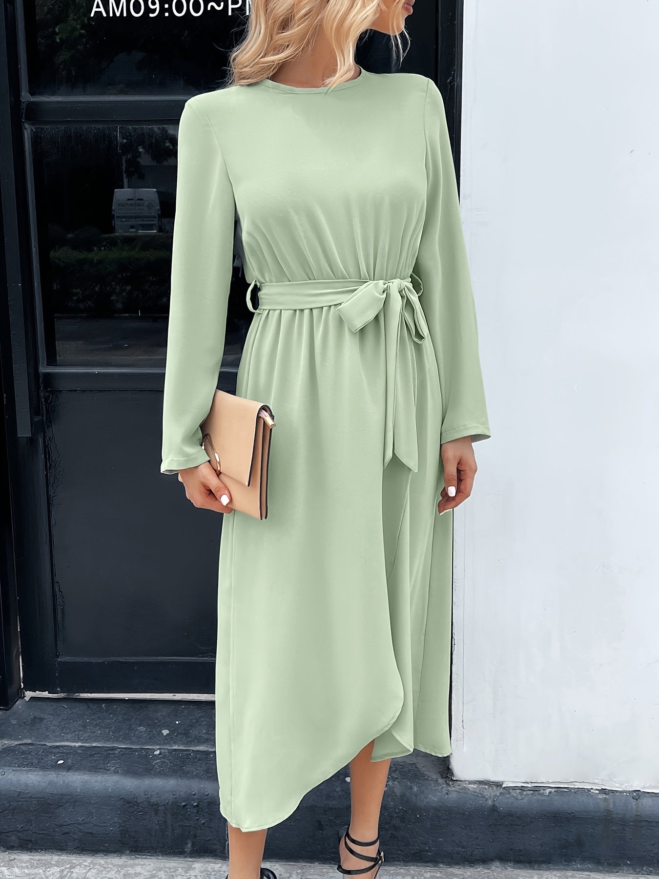 Elegant Solid Tie Front Dress, Crew Neck Long Sleeve Dress, Casual Every Day Dress, Women's Clothing